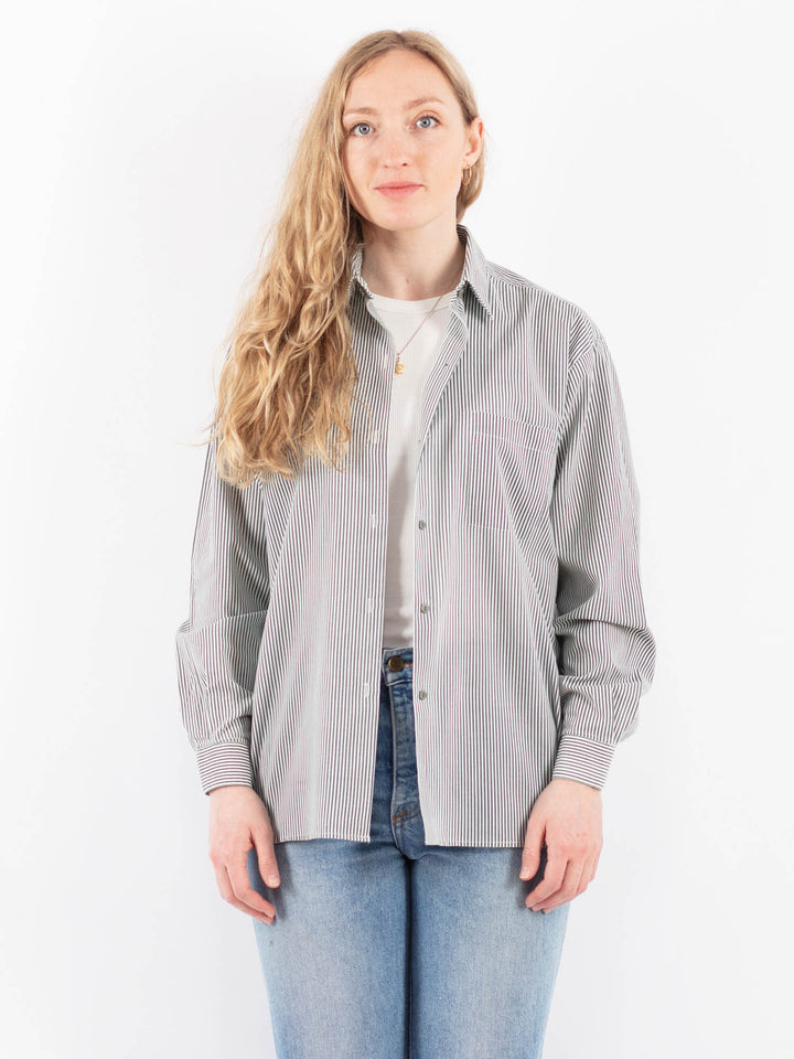 Vintage 00's Women Striped Long Sleeve Shirt in White and Light Green