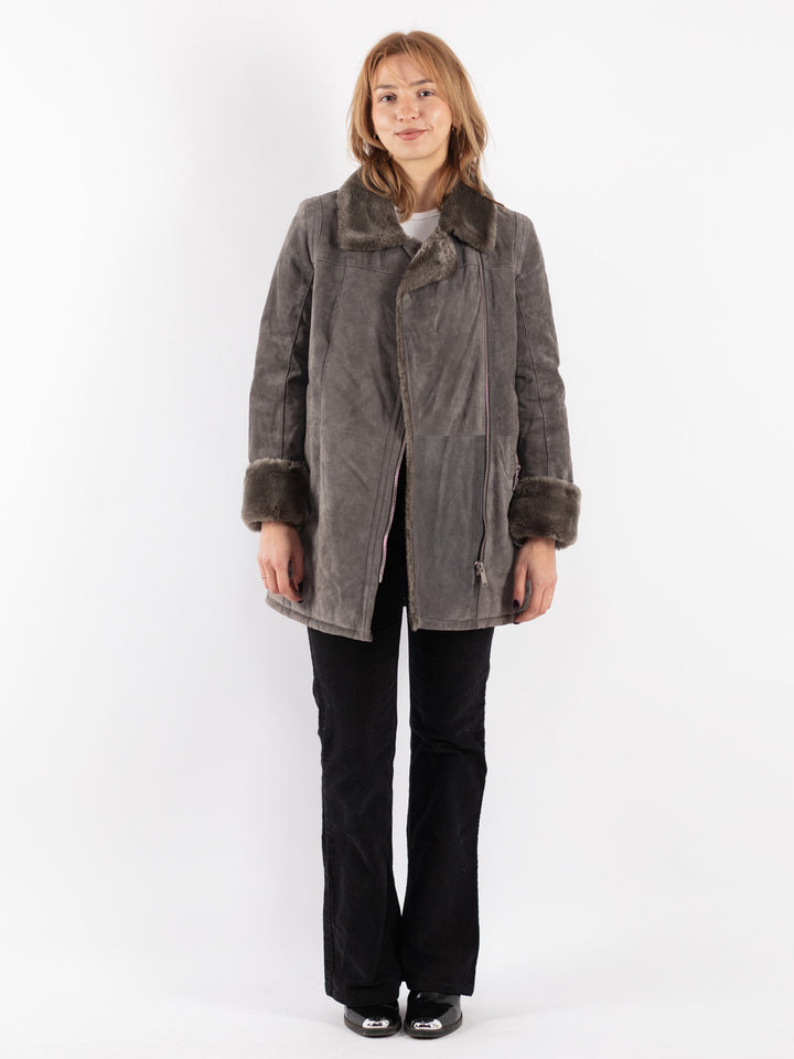 Vintage 00's Women Suede Sherpa Coat in Gray