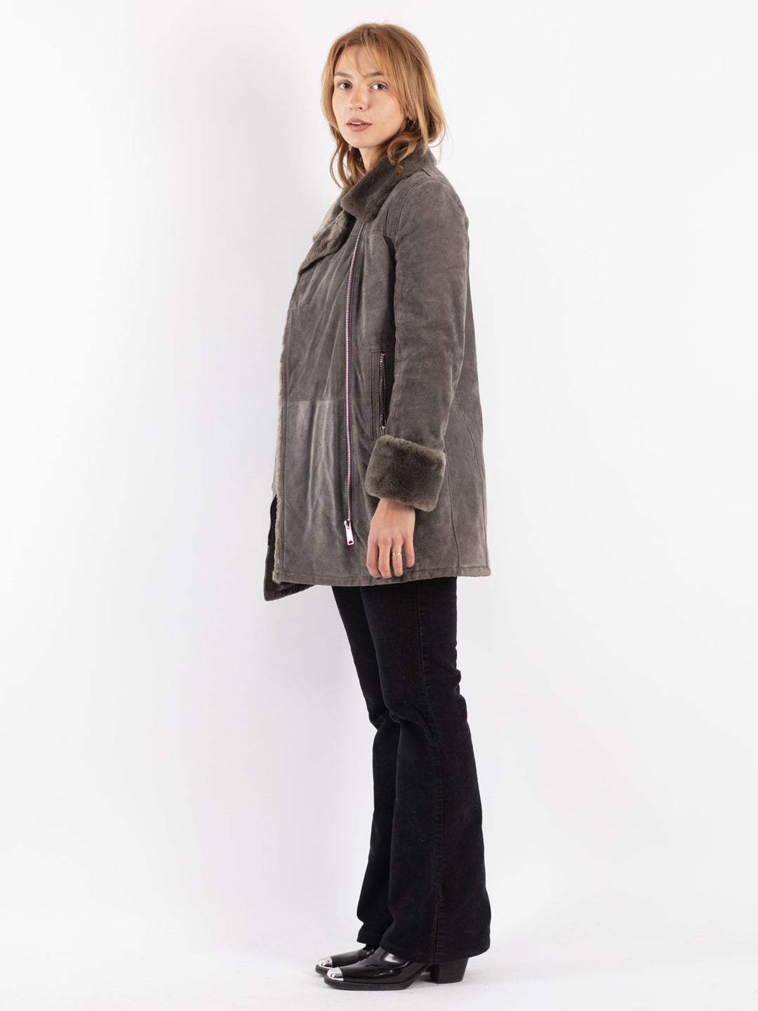 Vintage 00's Women Suede Sherpa Coat in Gray