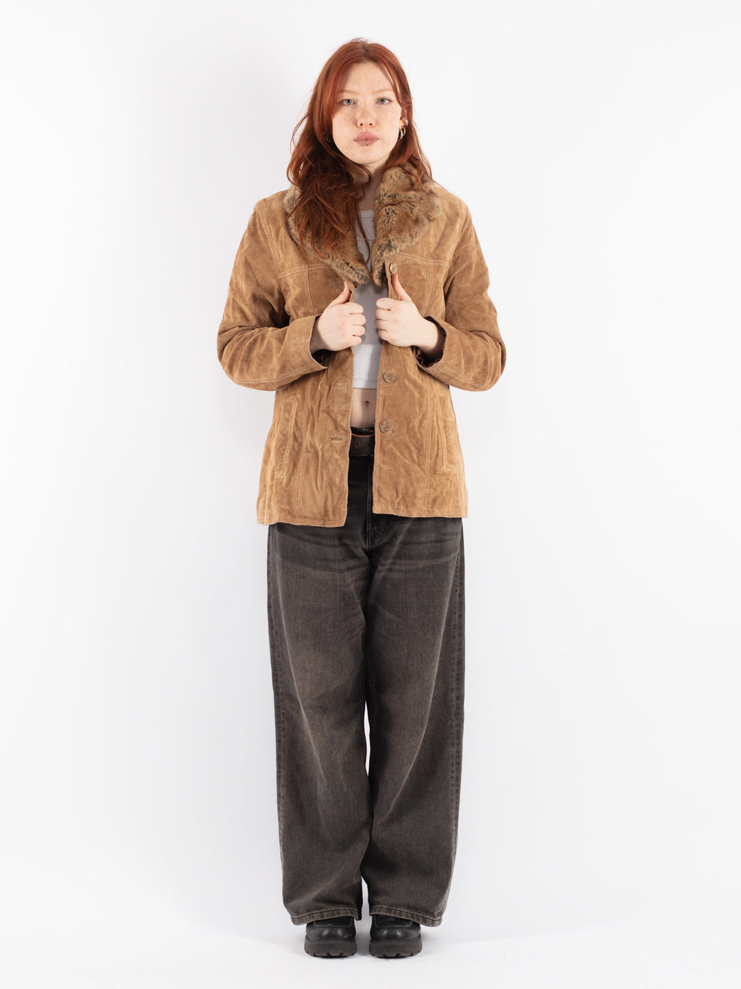 Vintage 00's Women Suede Sherpa Jacket in Beige