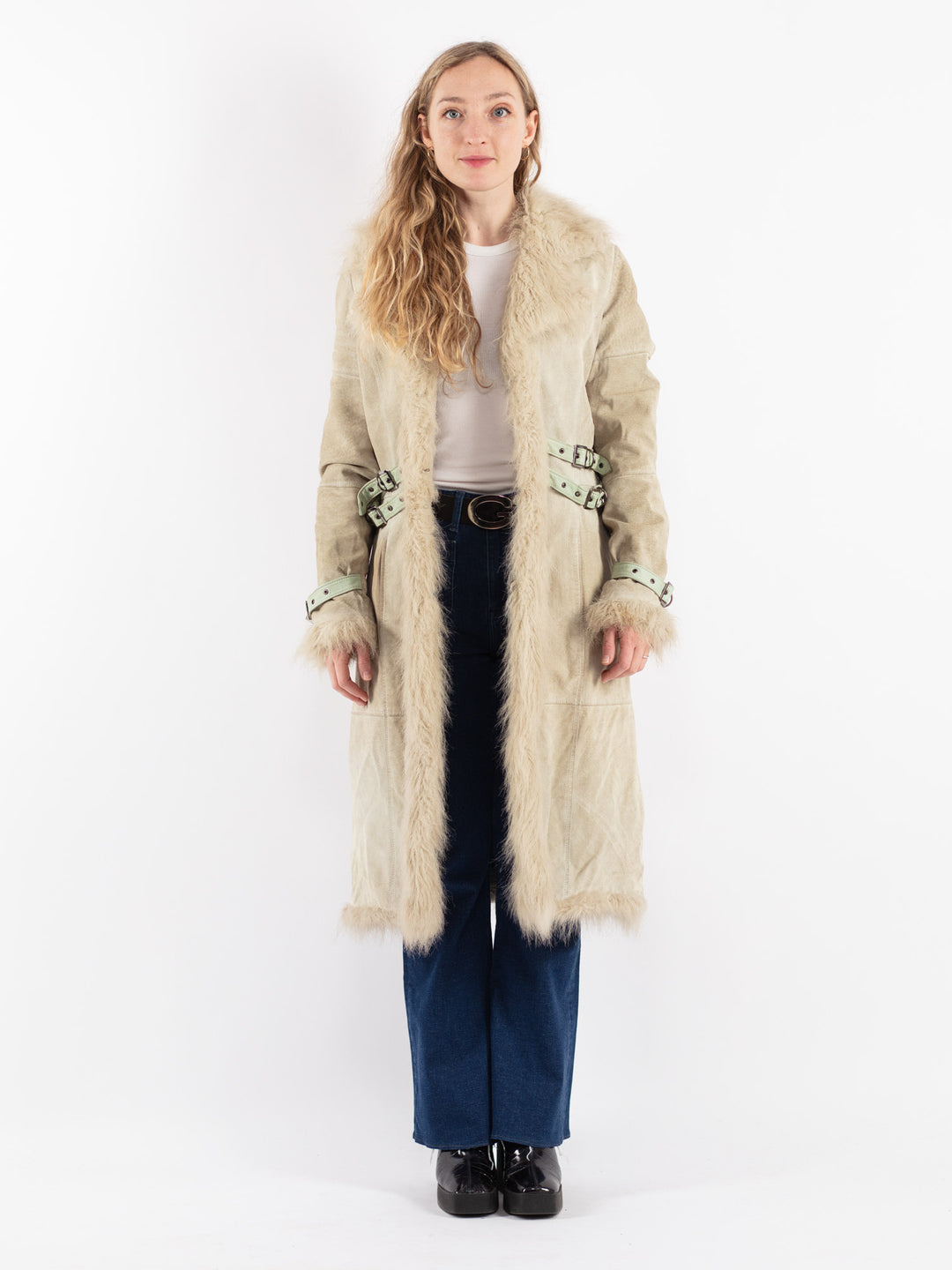 Vintage 00's Women Suede Sherpa Coat in Beige