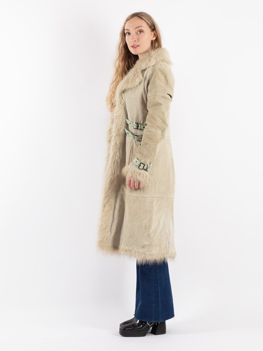 Vintage 00's Women Suede Sherpa Coat in Beige