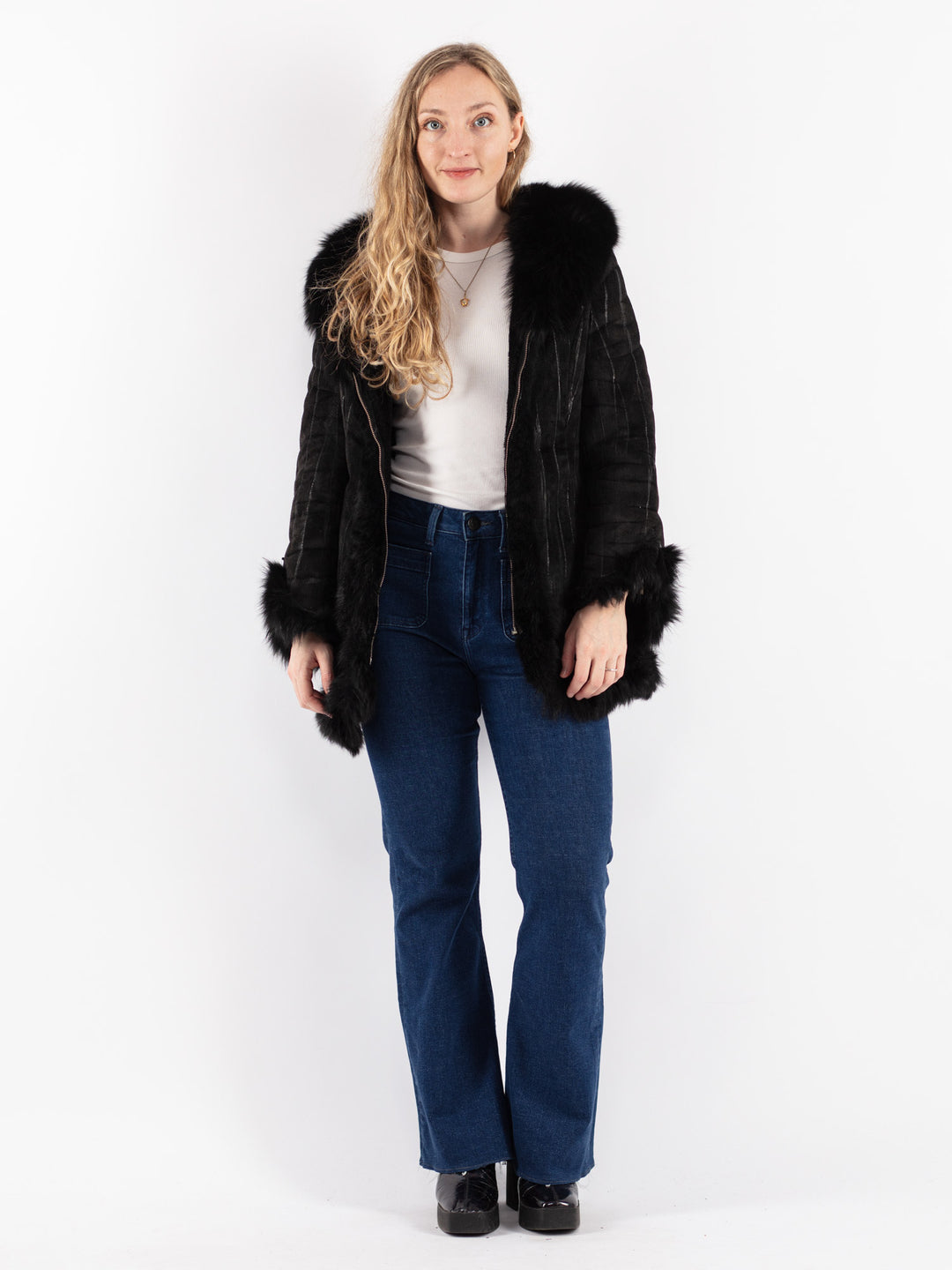 Vintage 00's Women Suede Sherpa Coat in Black