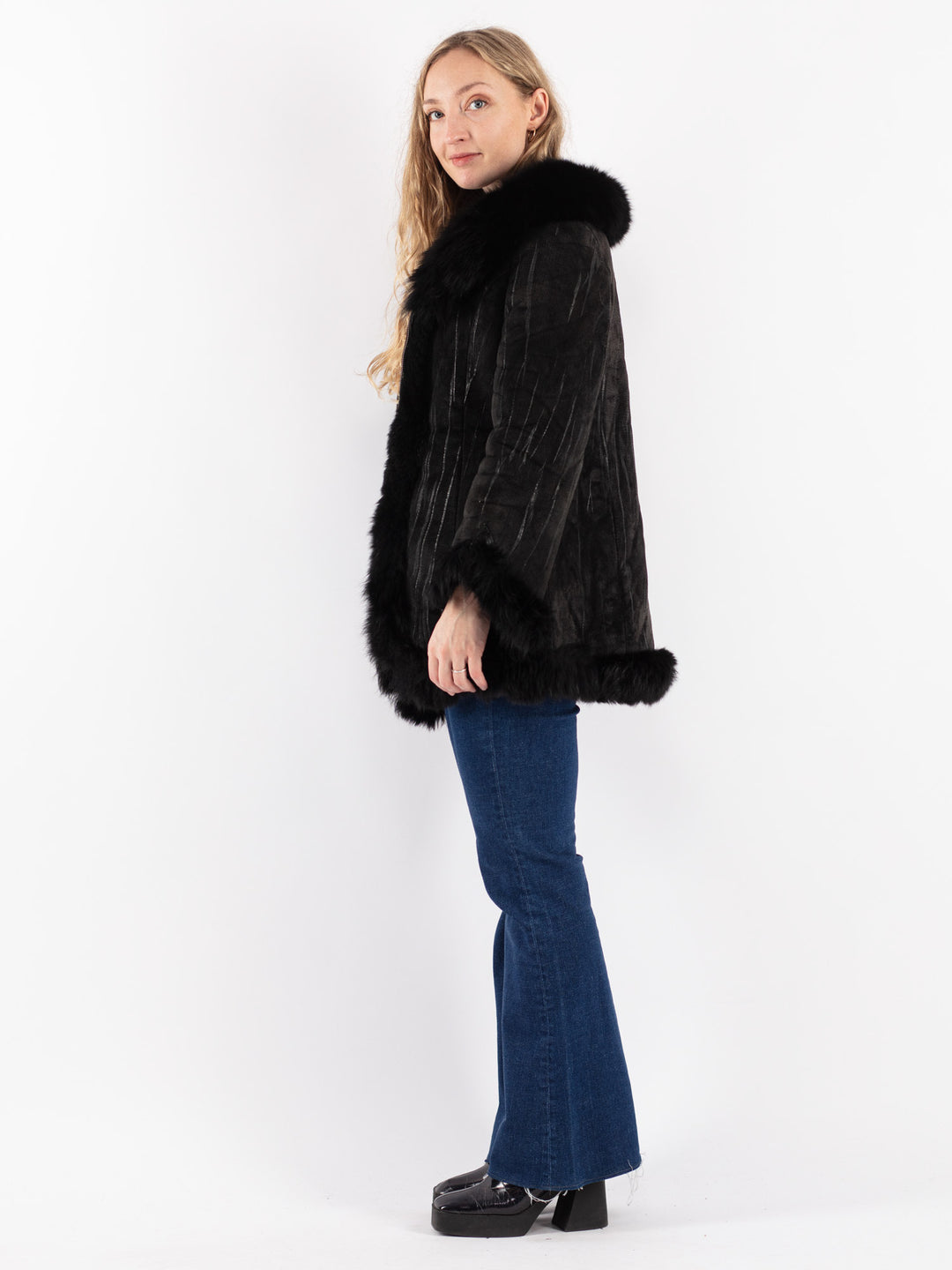 Vintage 00's Women Suede Sherpa Coat in Black