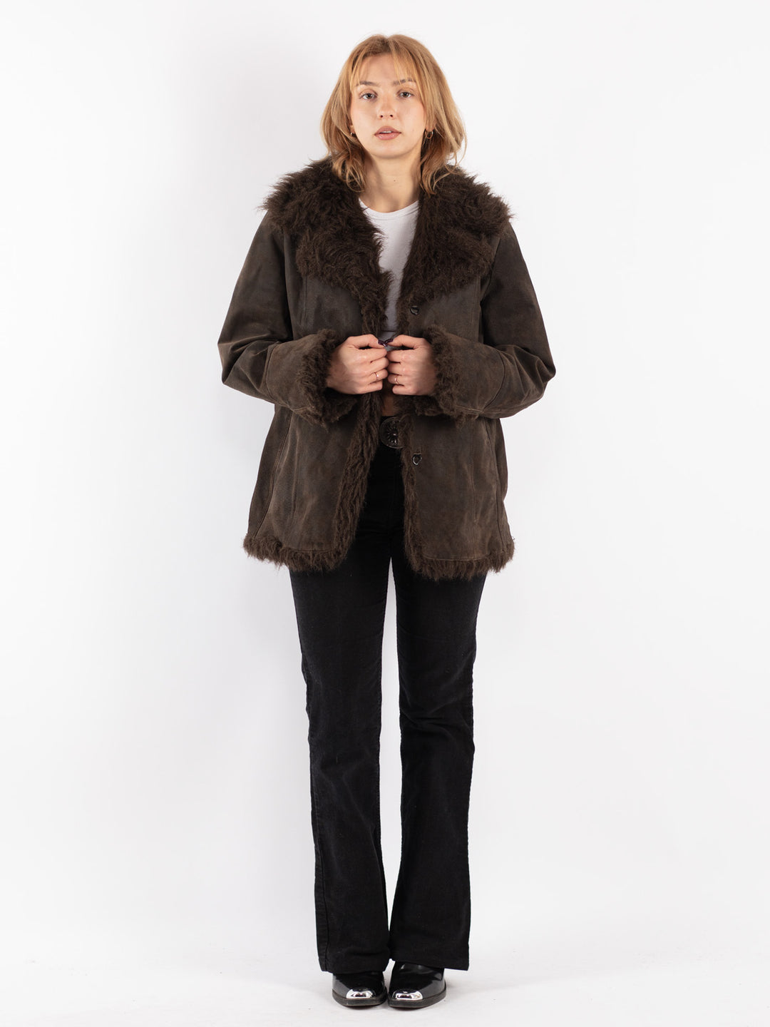 Vintage 00's Women Suede Sherpa Coat in Brown