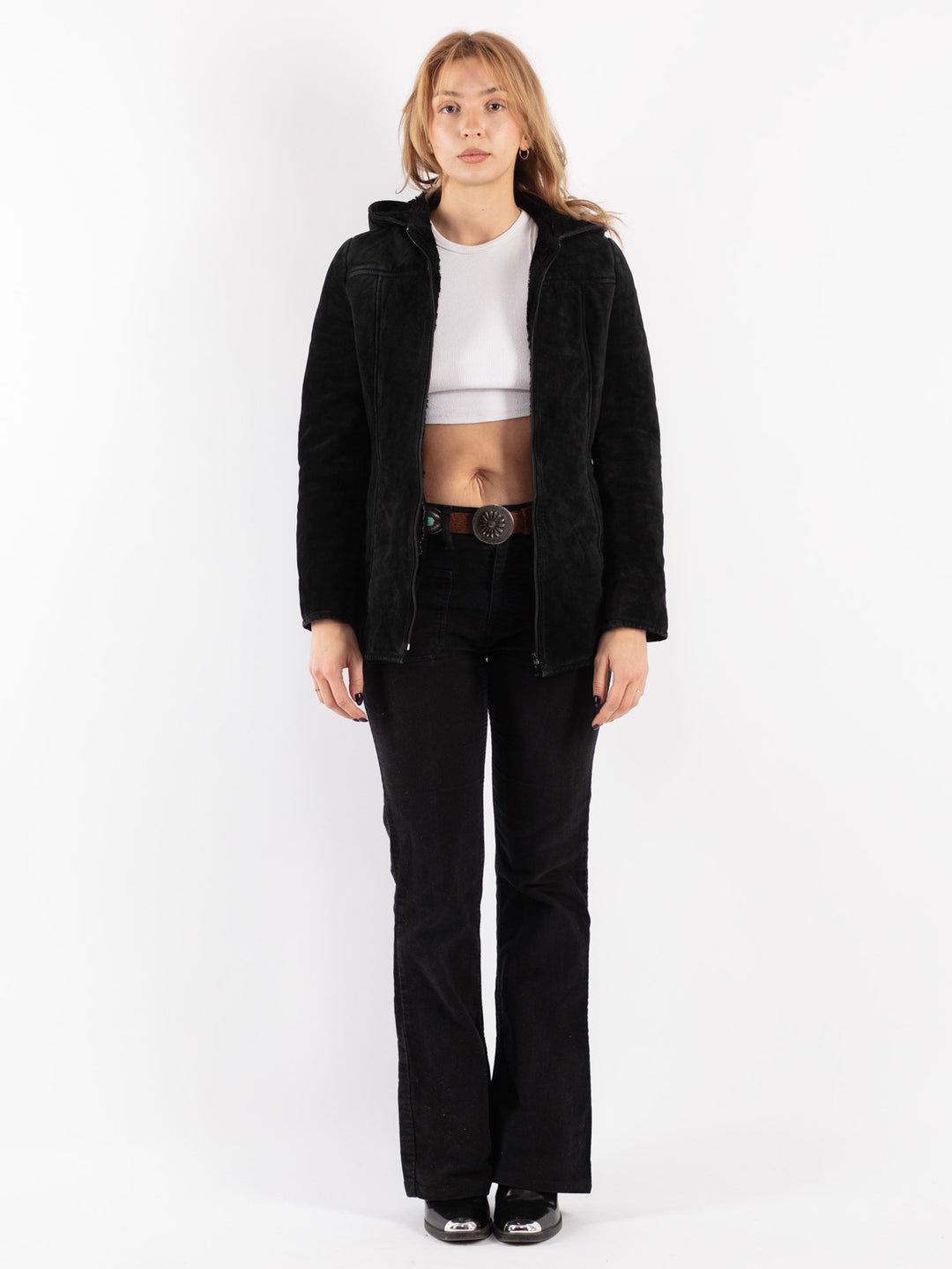 Vintage 00's Women Suede Sherpa Jacket in Black
