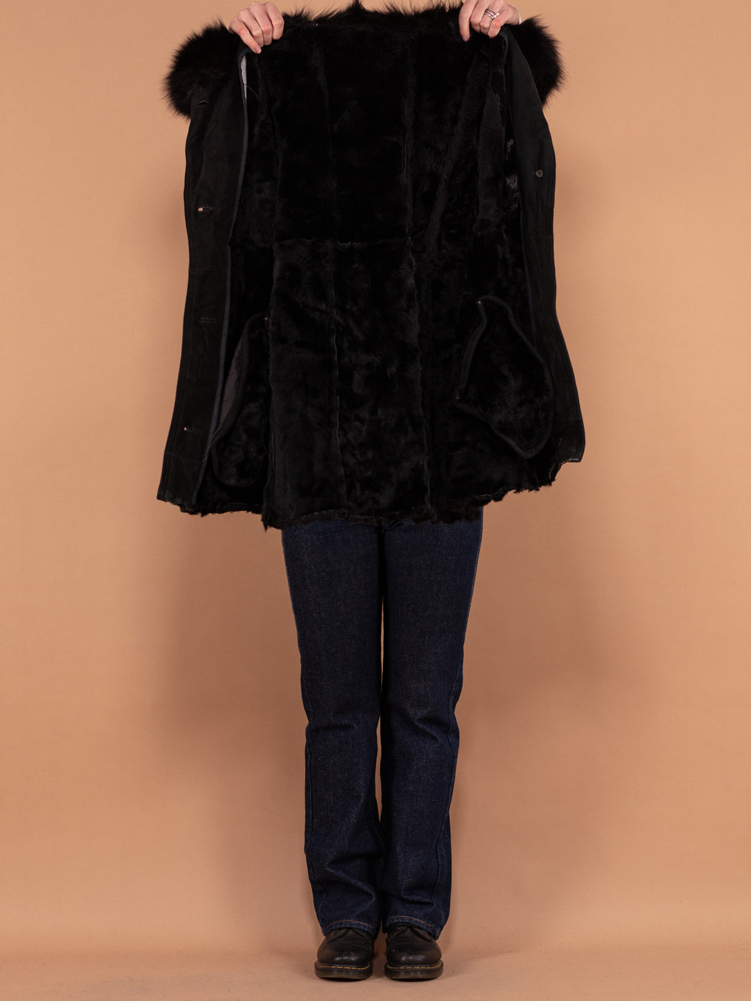 Black Sheepskin Coat 70's, Size L Vintage Fur Coat, Black Shearling Wool Coat, Western Afghan Coat, Black Penny Lane Coat, Almost Famous