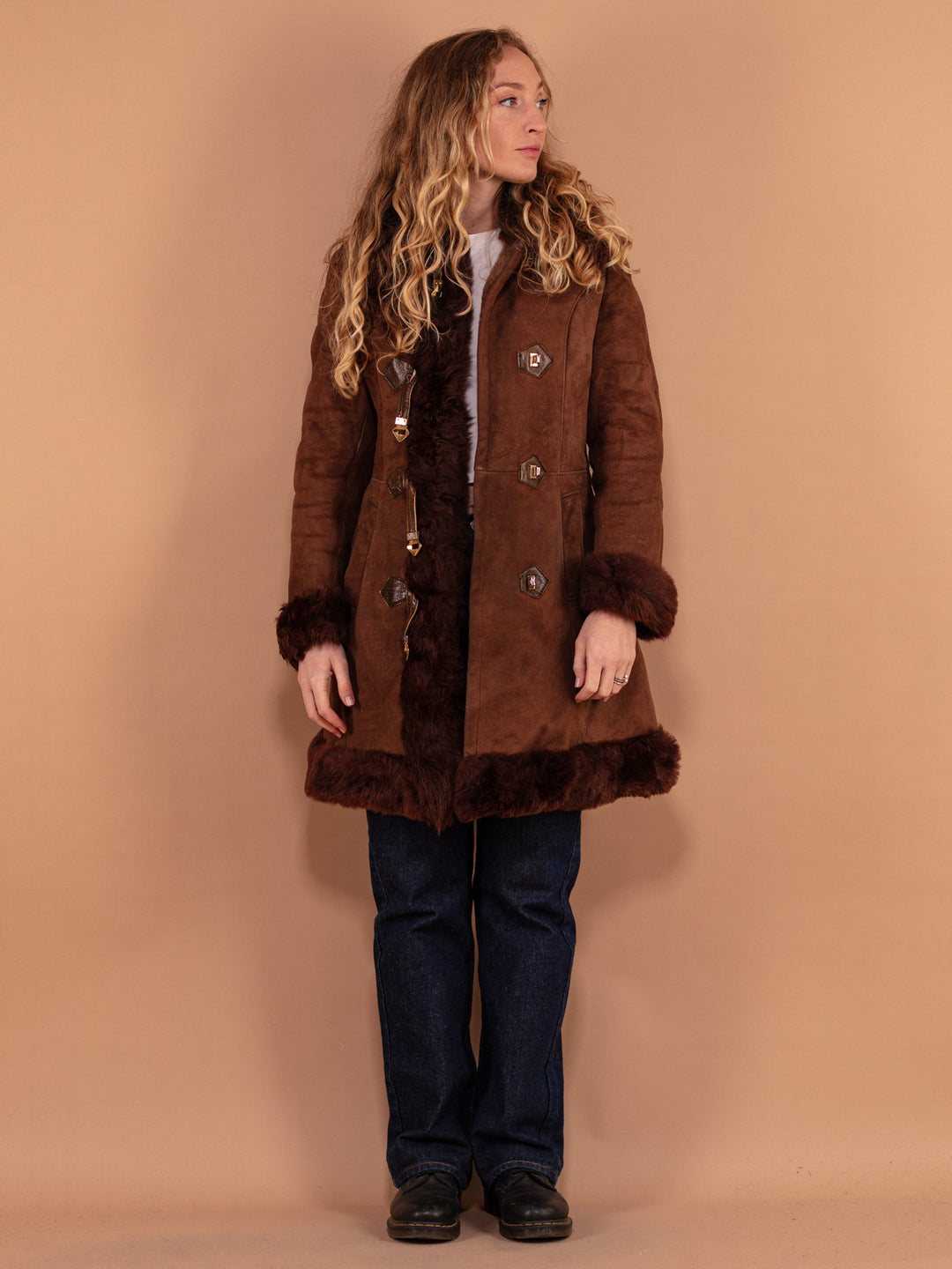 Penny Lane Coat 70's, Size XS Vintage Brown Sheepskin Coat, Sheepskin Suede Coat, Boho Western Hippie Fashion Style Coat, Retro Fur Coat