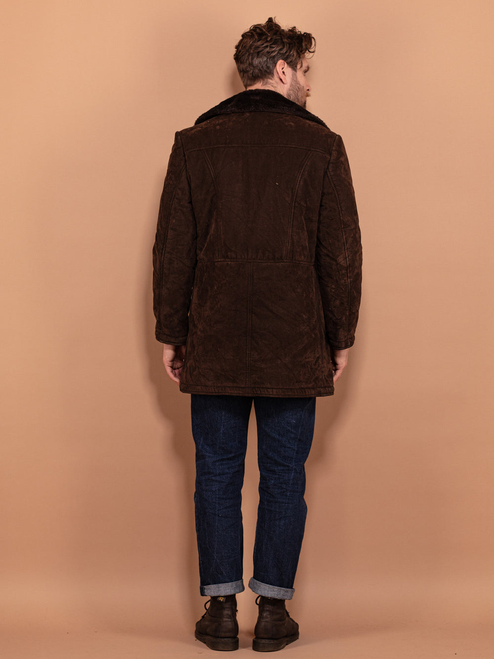 Vintage 70's Men Faux Sheepskin Coat in Brown - NorthernGrip