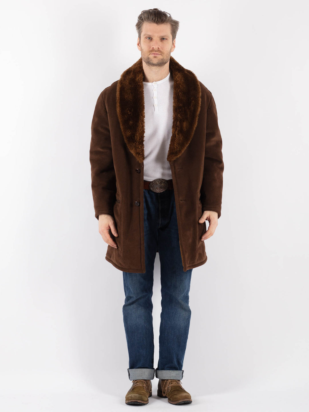 Vintage 70's Men Faux Sheepskin Coat in BrownZ1183