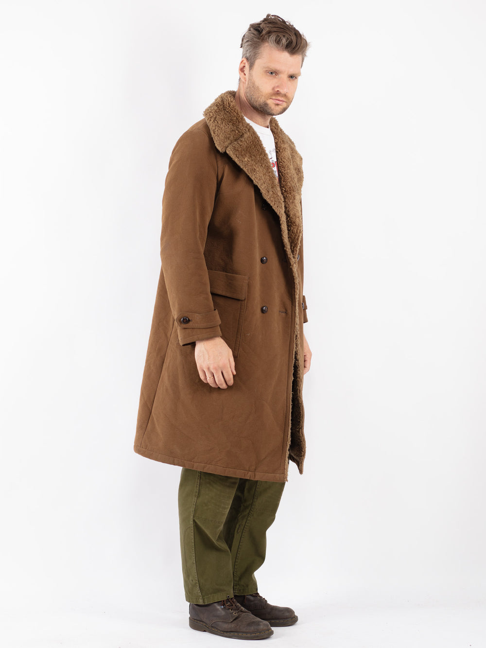 Vintage Men Faux Sheepskin Coat in Brown
