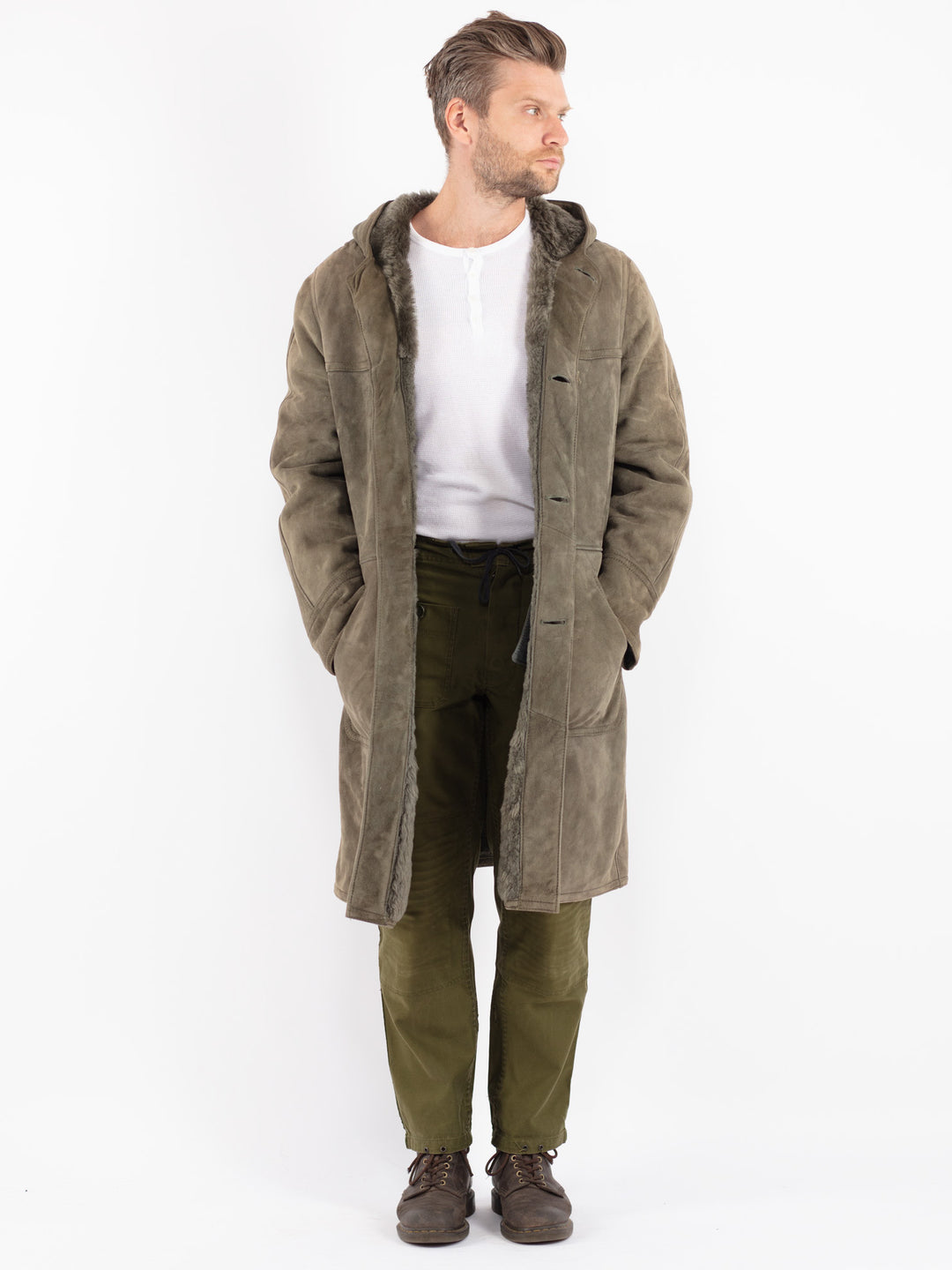 Vintage 70's Men Sheepskin Coat in Green