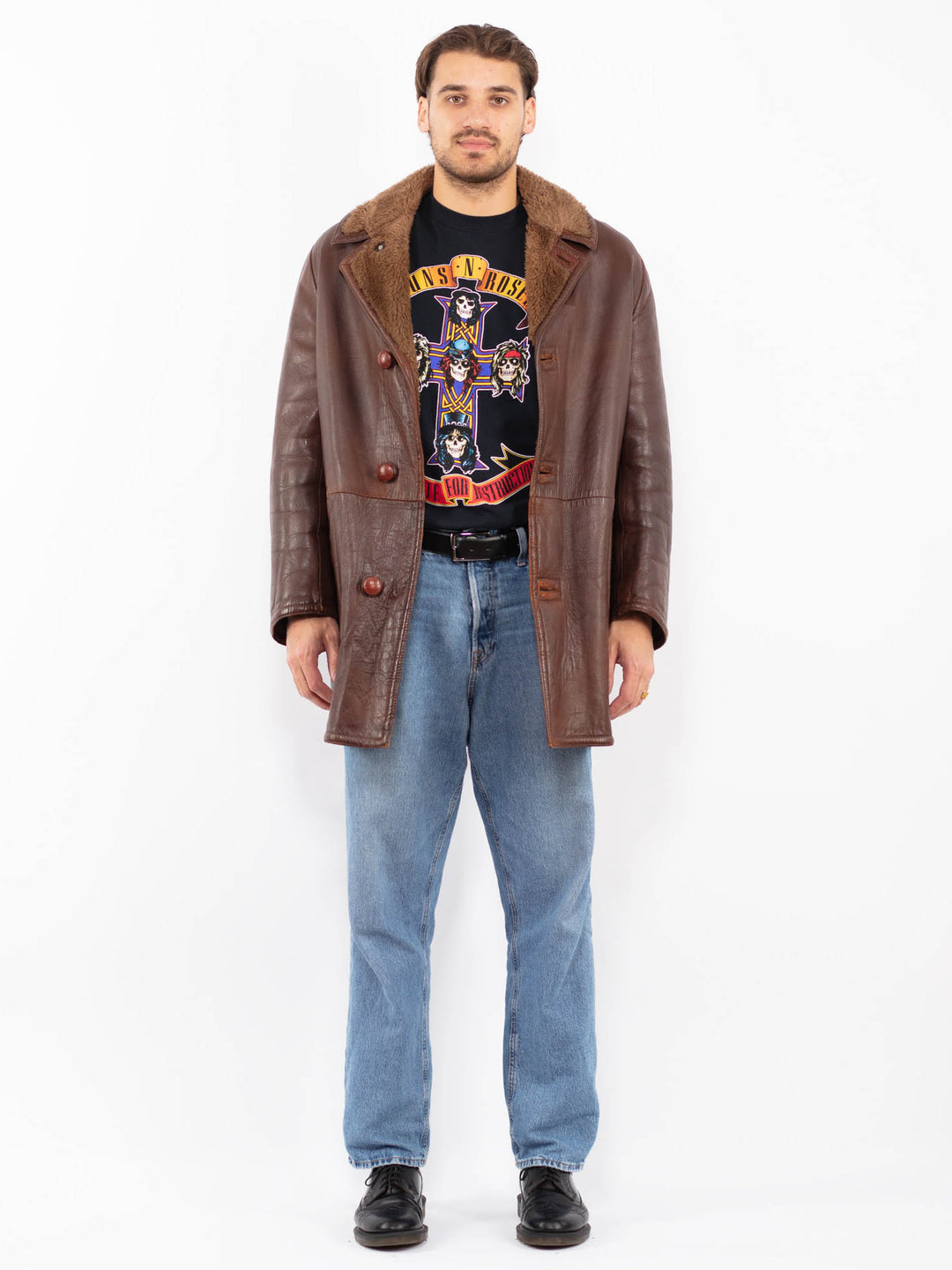 Vintage 70's Men Leather Sherpa Coat in Brown