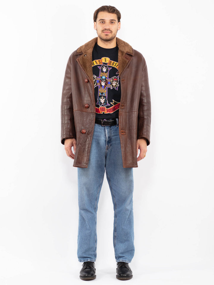 Vintage 70's Men Leather Sherpa Coat in Brown