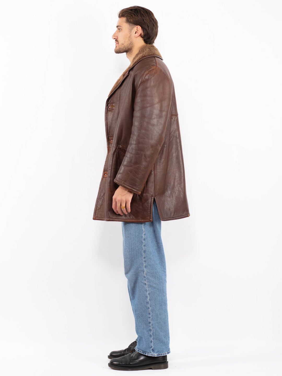 Vintage 70's Men Leather Sherpa Coat in Brown