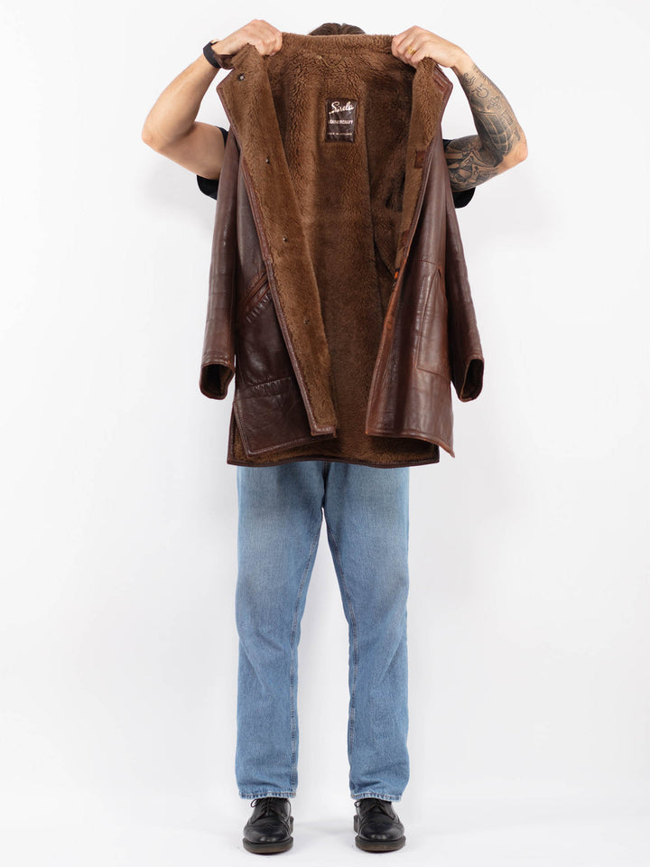 Vintage 70's Men Leather Sherpa Coat in Brown