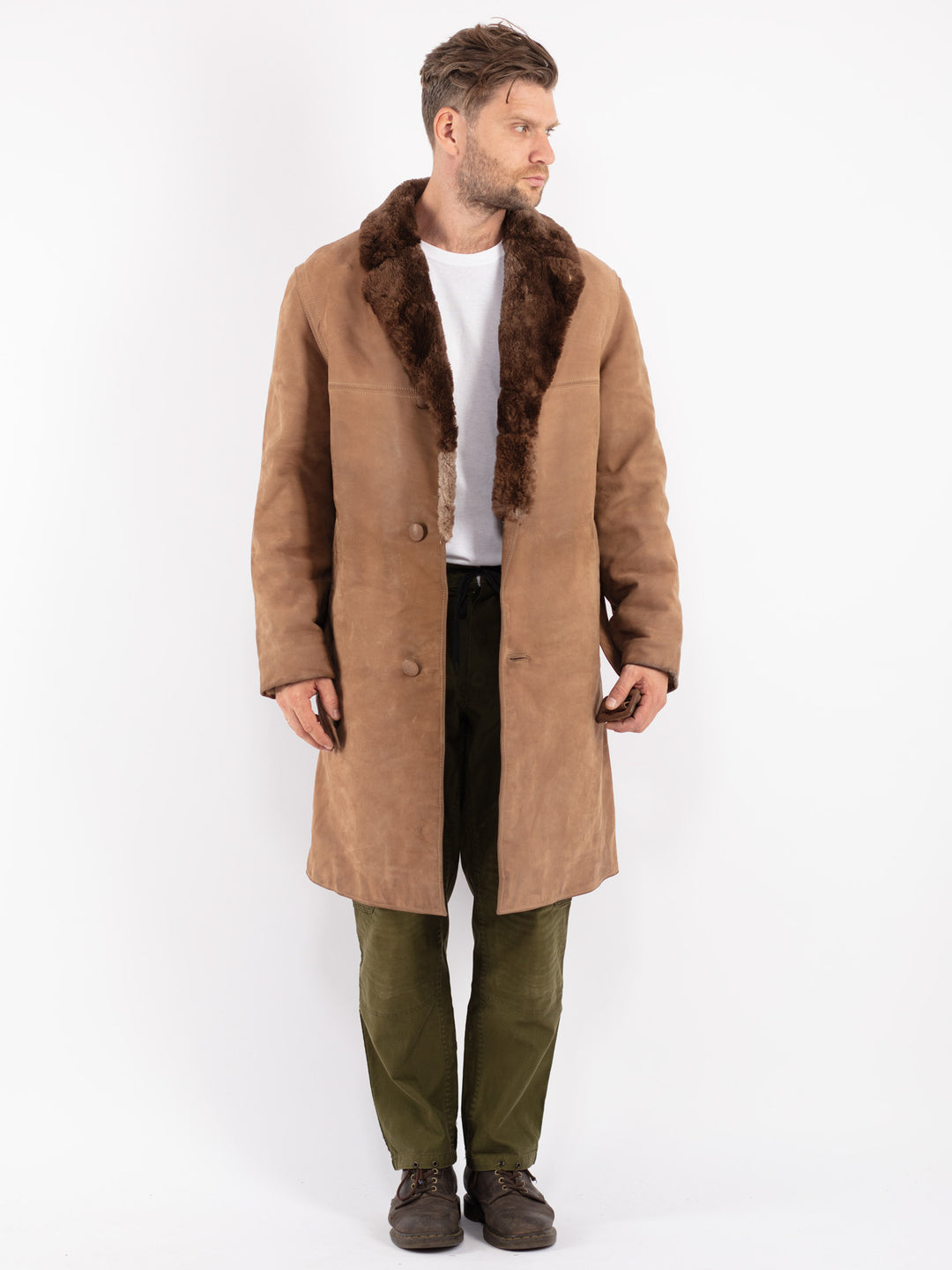 Online Vintage Store Vintage 70's Men Leather Fur Coat in Beige
