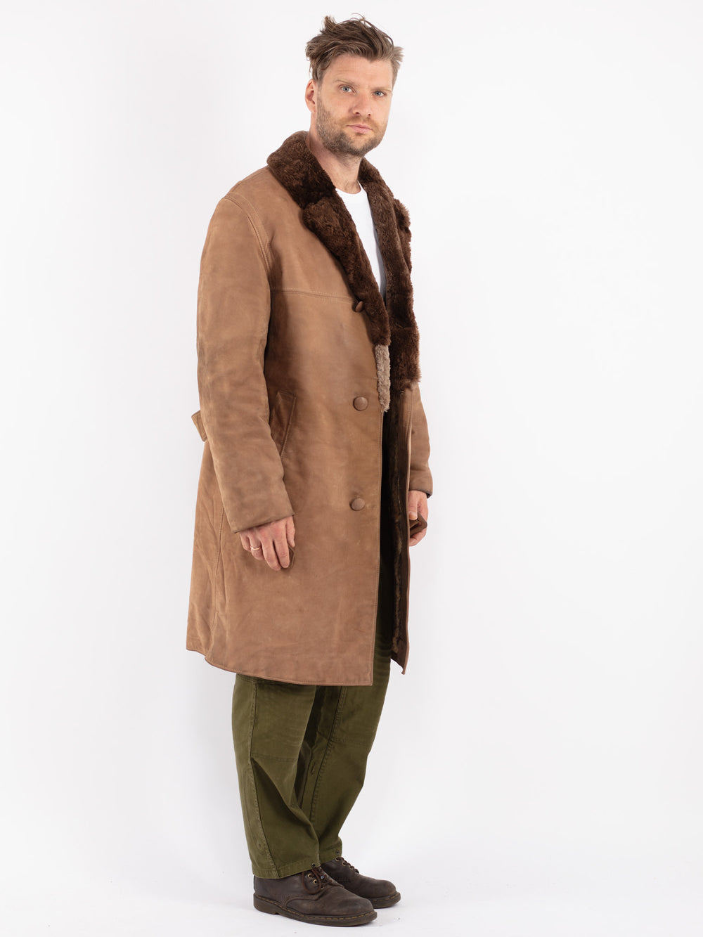 Vintage 70's Men Sheepskin Coat in Beige