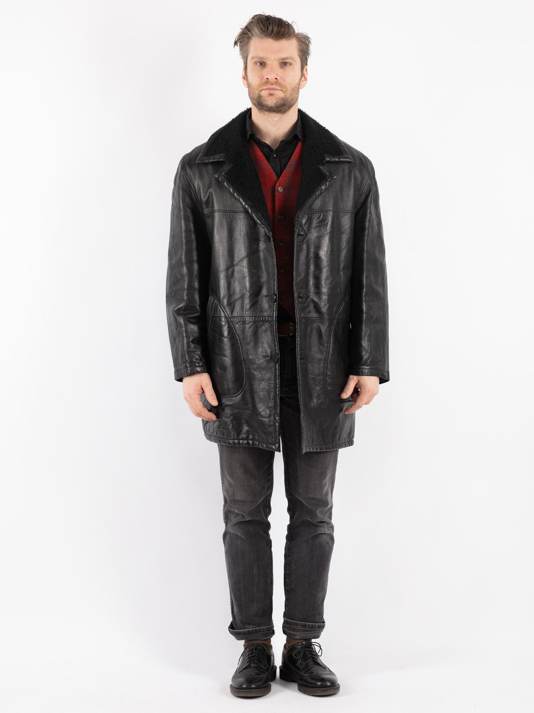 Vintage 70's Men Leather Coat in Black