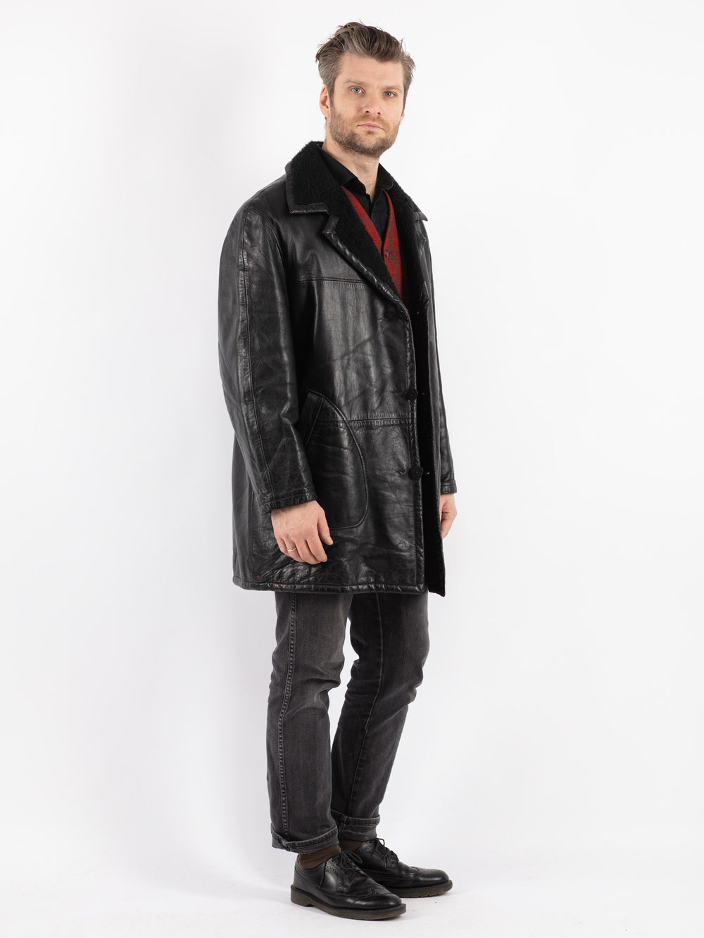 Vintage 70's Men Leather Coat in Black