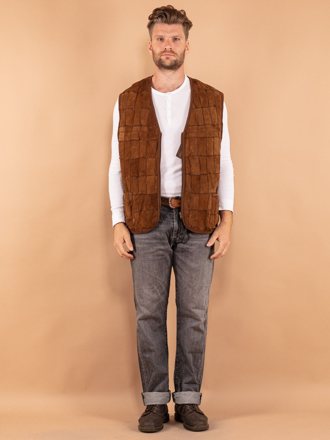Vintage 70's Men Patchwork Sheepskin Vest in Brown