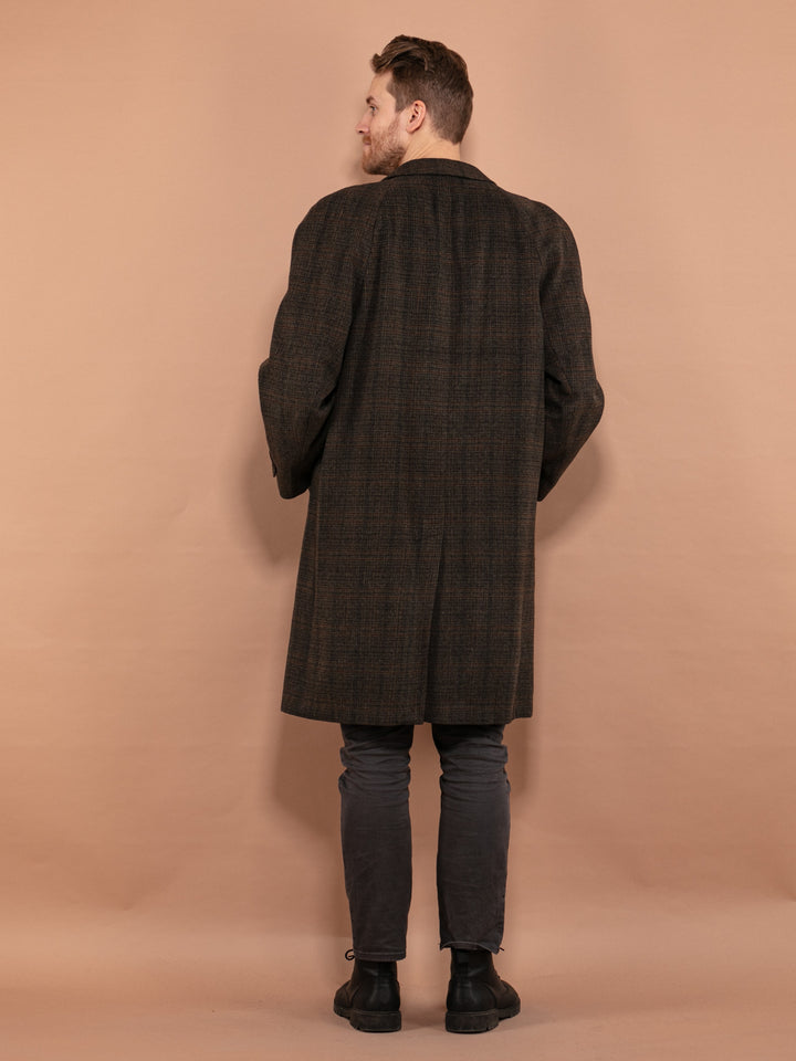 Plaid Wool Coat 70s, Men Size L Vintage Wool Coat, Men Wool Topcoat, Minimalist Long Coat, Classic Outerwear, Office Wool Coat, Elegant Coat