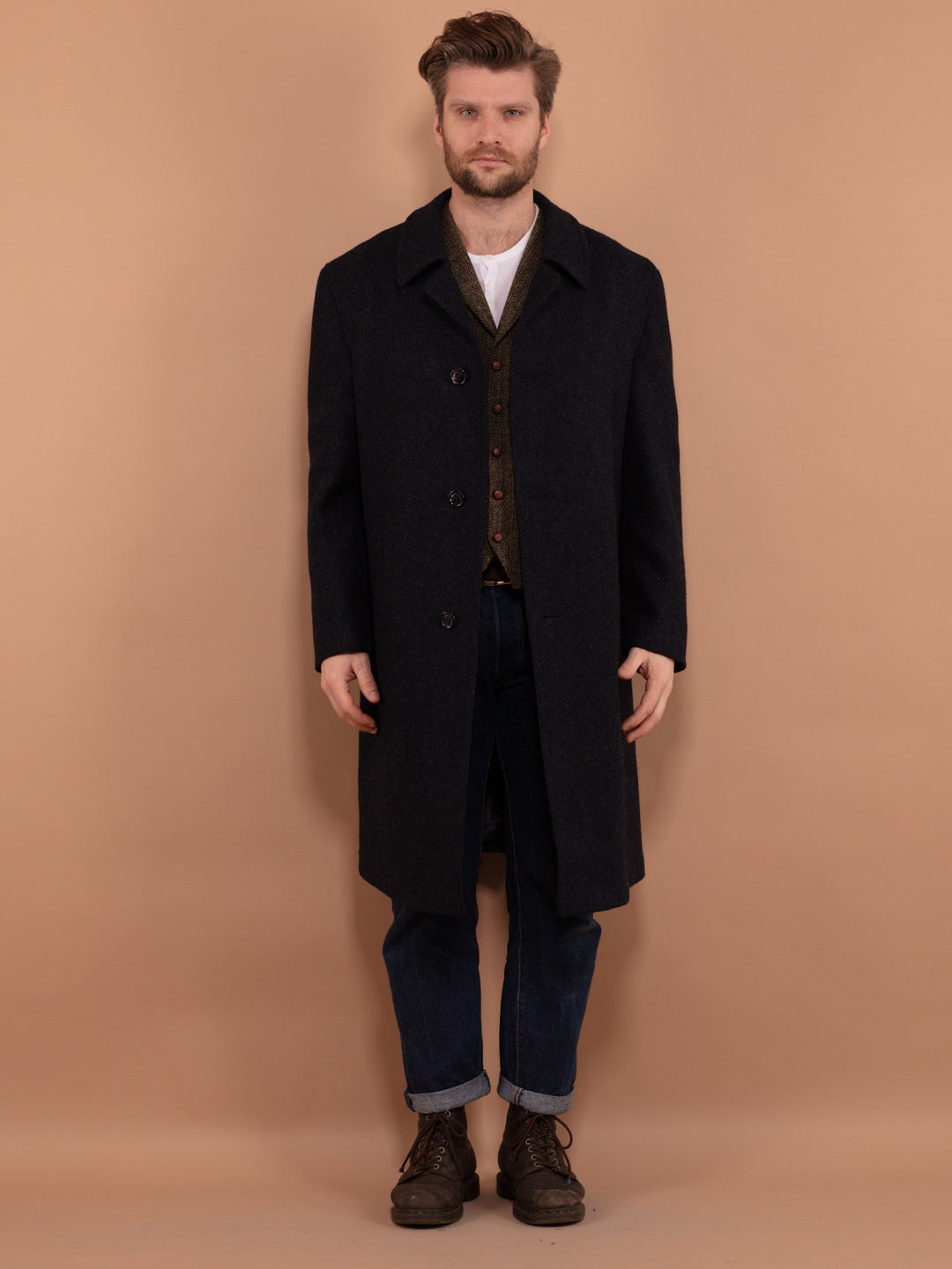 70s Men's Wool Coat, Size Large, Blue Wool Overcoat, Retro Wool Coat, Vintage Men Clothing, Classic Long Coat, Made in Scotland