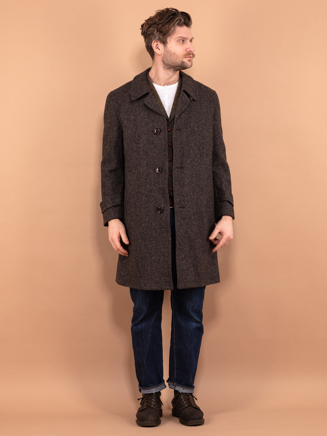 70s Kynoch Wool Coat, Size Medium, Brown Wool Overcoat, Retro Wool Coat, Vintage Men Clothing, Classic Long Coat, Made in Scotland