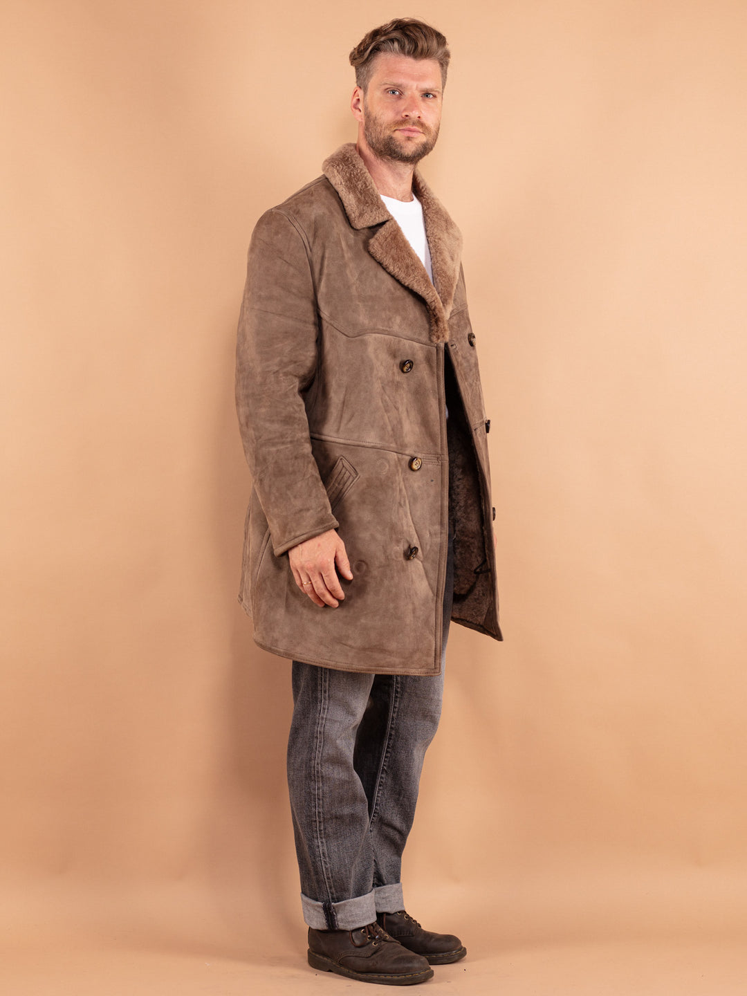 Vintage 70's Men Sheepskin Coat in Beige