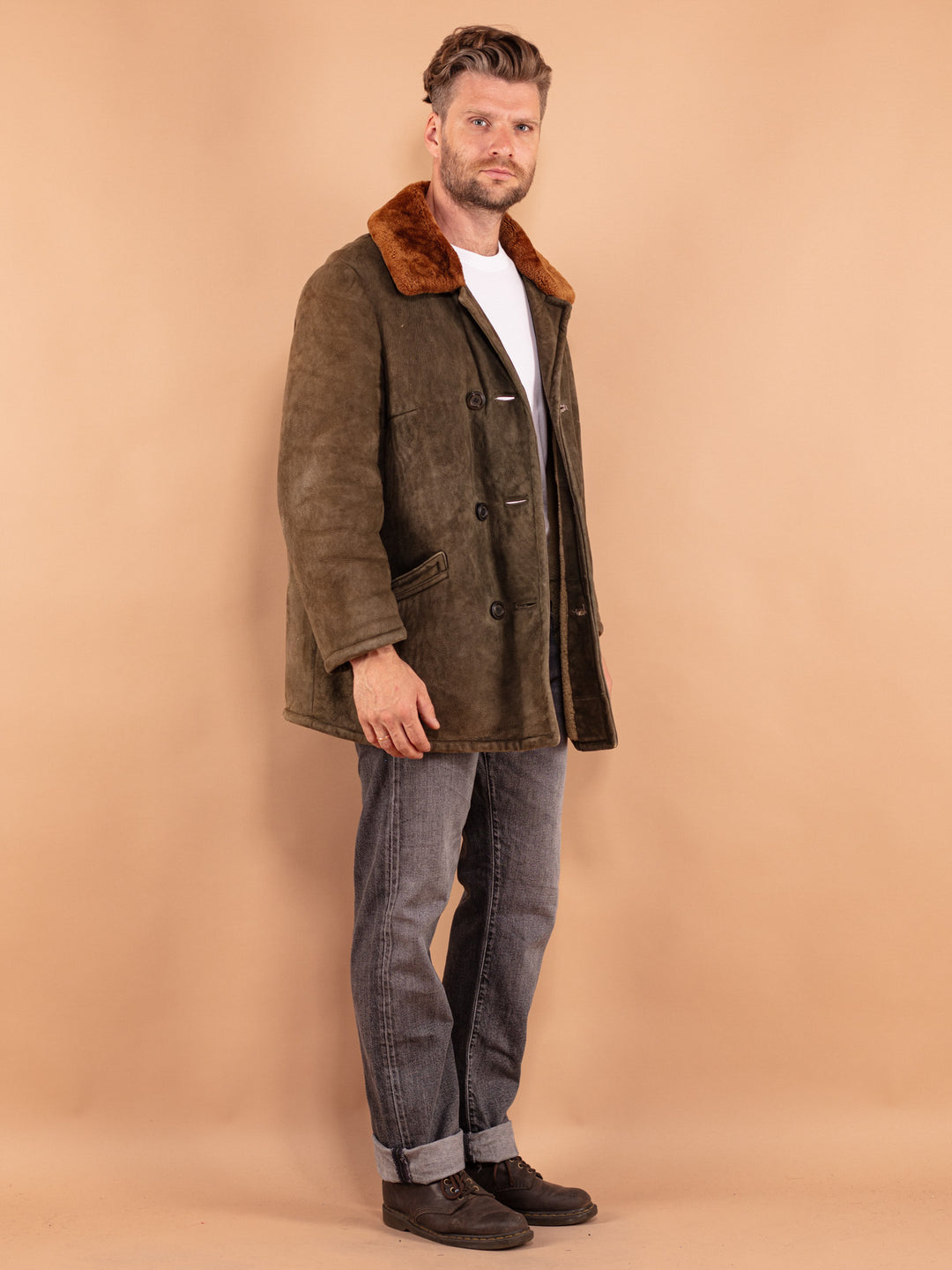 Vintage 70's Men Sheepskin Coat in Green