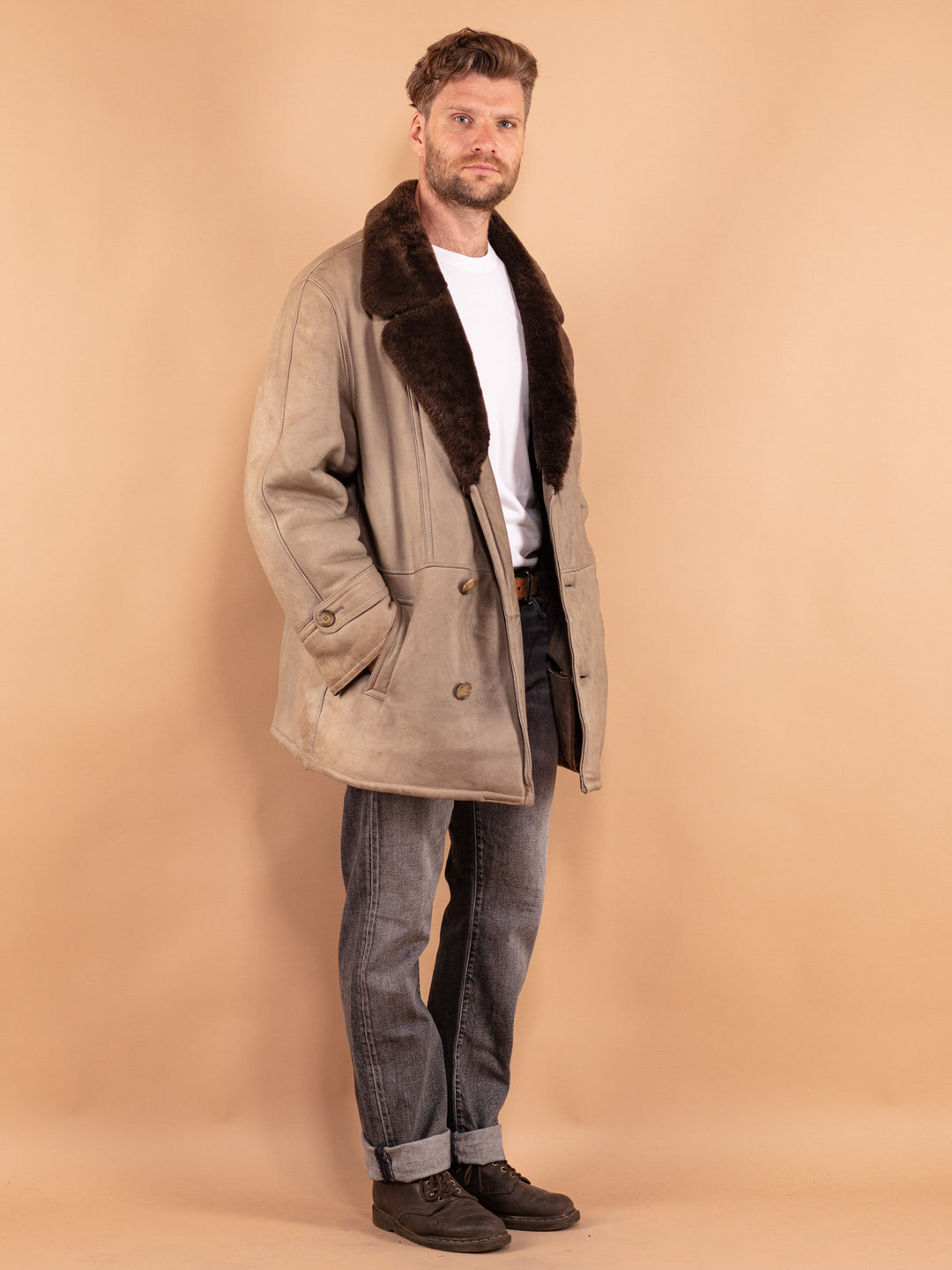 Vintage 70's Men Sheepskin Coat in Beige