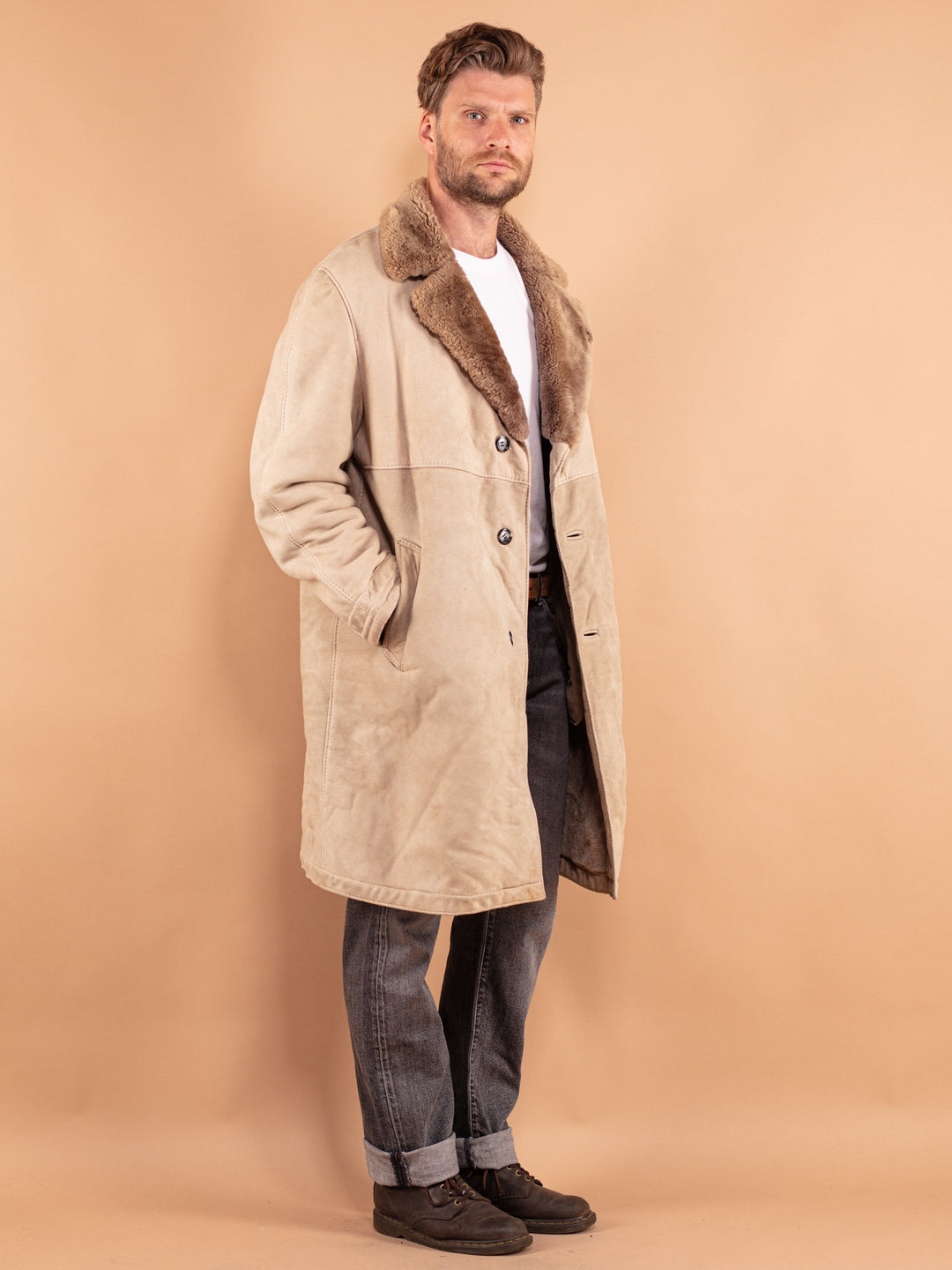 Vintage 70's Men Sheepskin Coat in Beige