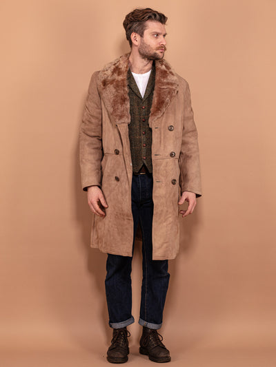 Men Sheepskin Coat 70's, Size M Medium, Vintage Shearling Coat, Boho Winter Coat, Cozy Outerwear, Beige Overcoat, Retro Menswear