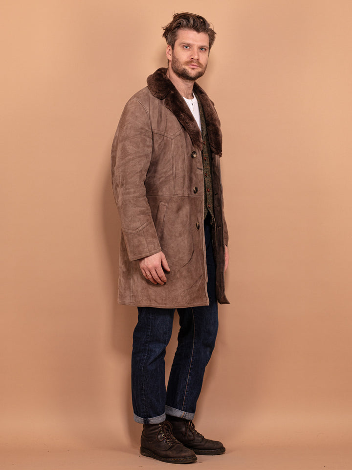 Men Sheepskin Coat 70's, Size M Vintage Boho Shearling Coat, Retro Winter Coat, Western Men Outerwear, Beige Overcoat, 70s Men Outerwear