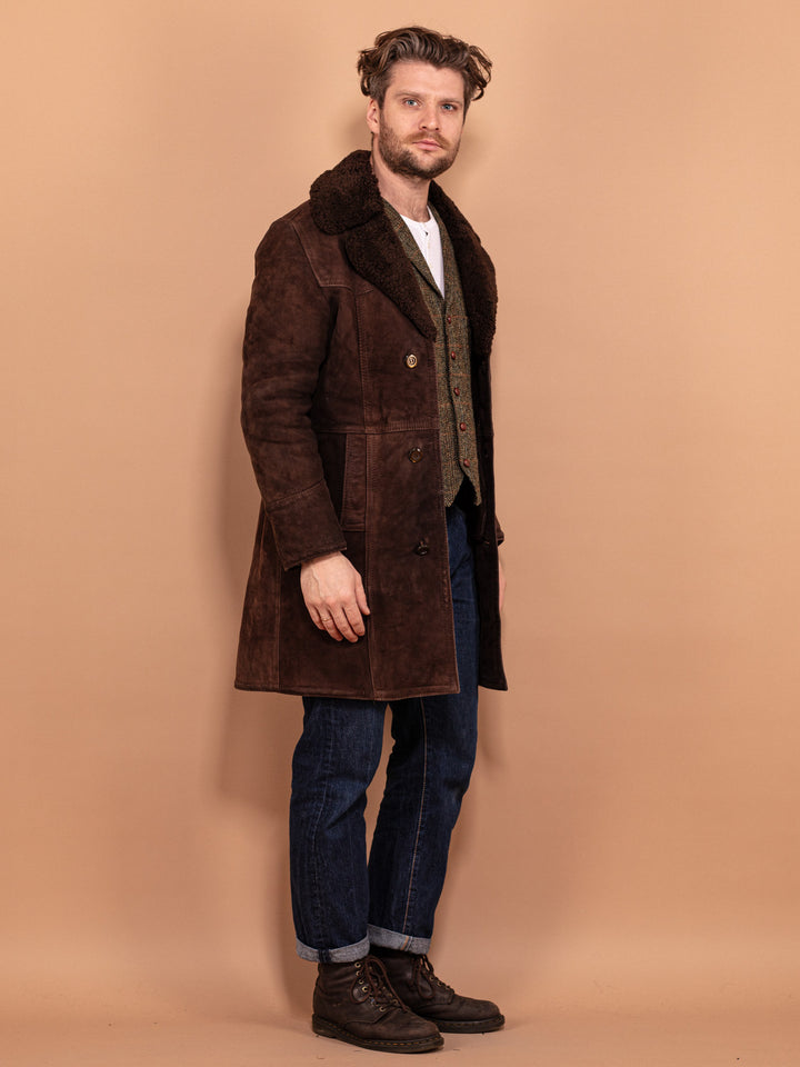 Sheepskin Men's Coat, Vintage Sheepskin Coat S Size, Boho Men Coat, Warm Shearling Wool Coat, Old Fashioned Suede Overcoat, Timeless Coat