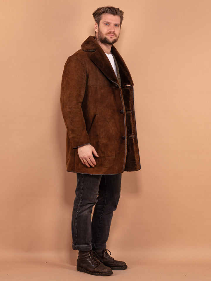 Sheepskin Men's Coat, Size Medium M Vintage 70's Shearling Coat, Brown Sheepskin Coat, Retro Suede Coat, Brown Fur Coat, Made in England