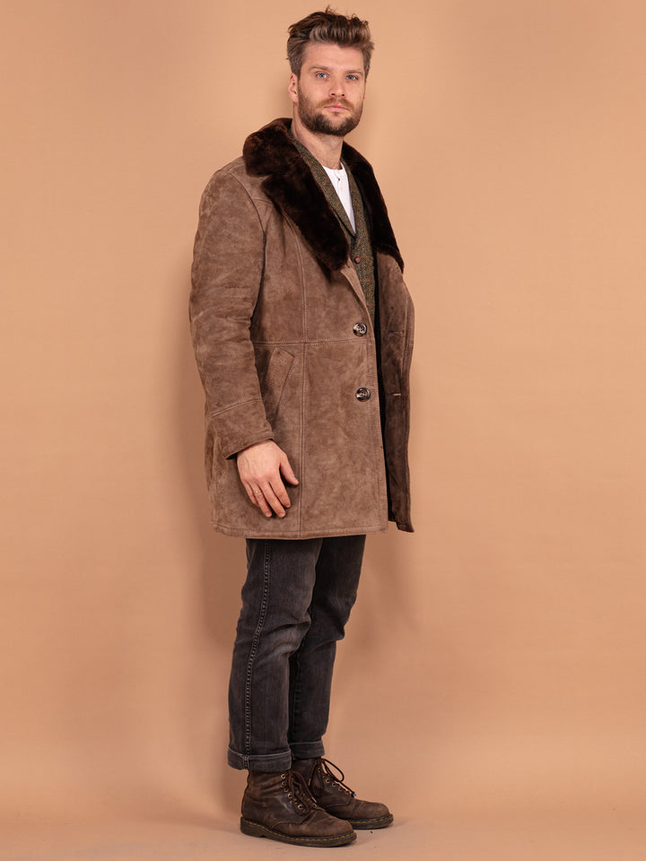 Sheepskin Men's Coat, Vintage 70s Suede Coat, Size Small Sheepskin Coat, Retro Leather Coat, Sustainable Clothing, 70s Winter Outerwear
