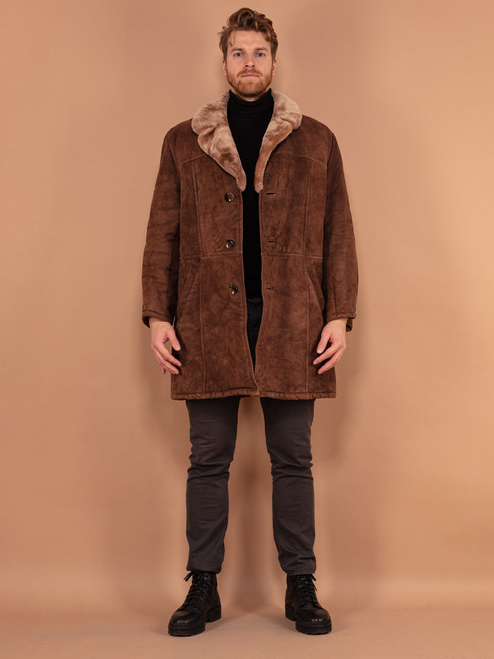 Men Sheepskin Coat 70's, Size L Vintage Brown Shearling Coat, Retro 70s Suede Winter Coat, Casual Boho Overcoat, Men 70s Clothing