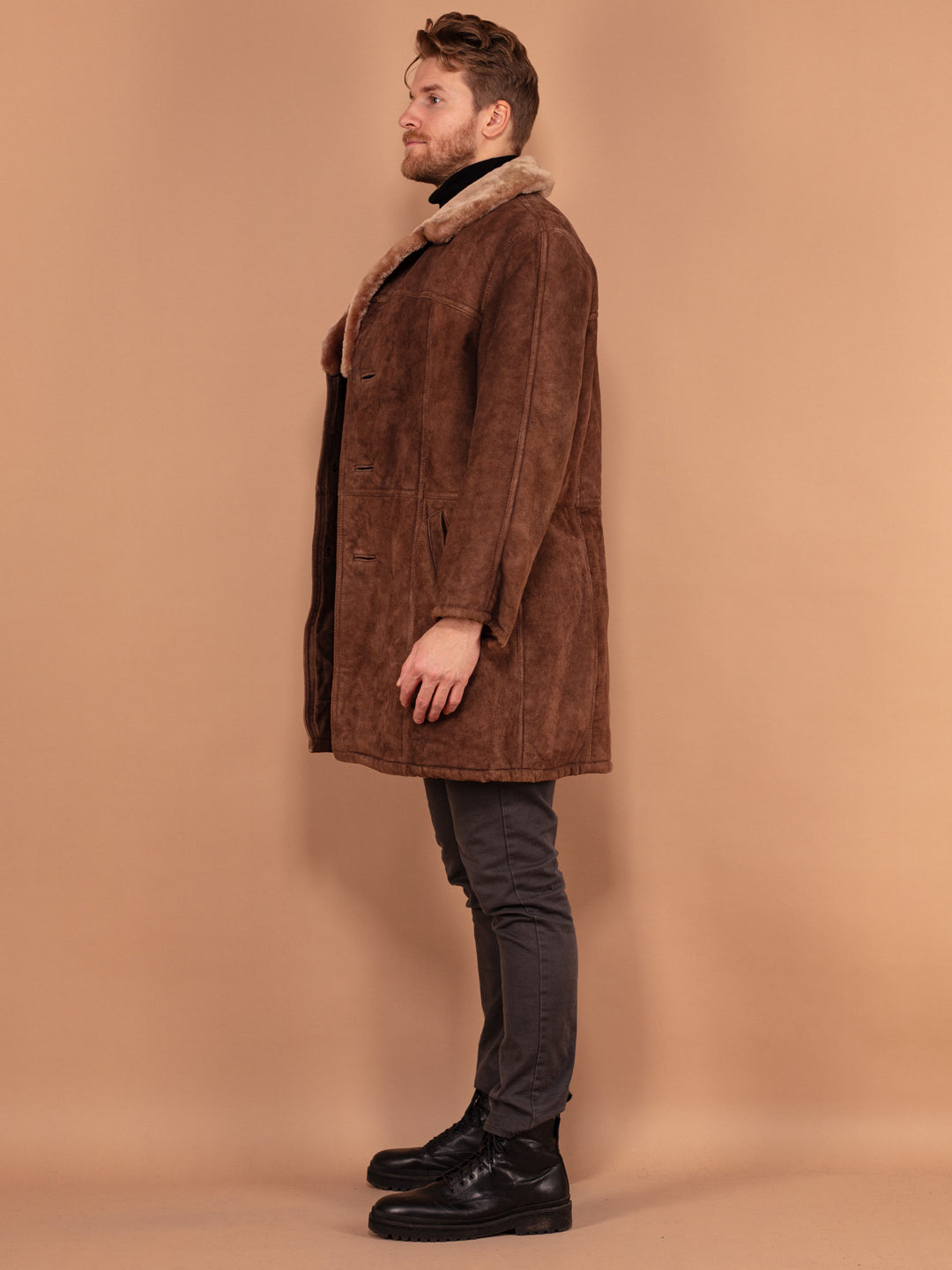 Men Sheepskin Coat 70's, Size L Vintage Brown Shearling Coat, Retro 70s Suede Winter Coat, Casual Boho Overcoat, Men 70s Clothing