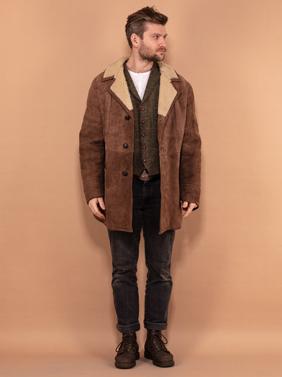 Men Sheepskin Coat, Size Large L, Shearling Coat Men, 70s Vintage Coat, Winter Clothing, Brown Suede Coat, Vintage Overcoat, 70s Outerwear