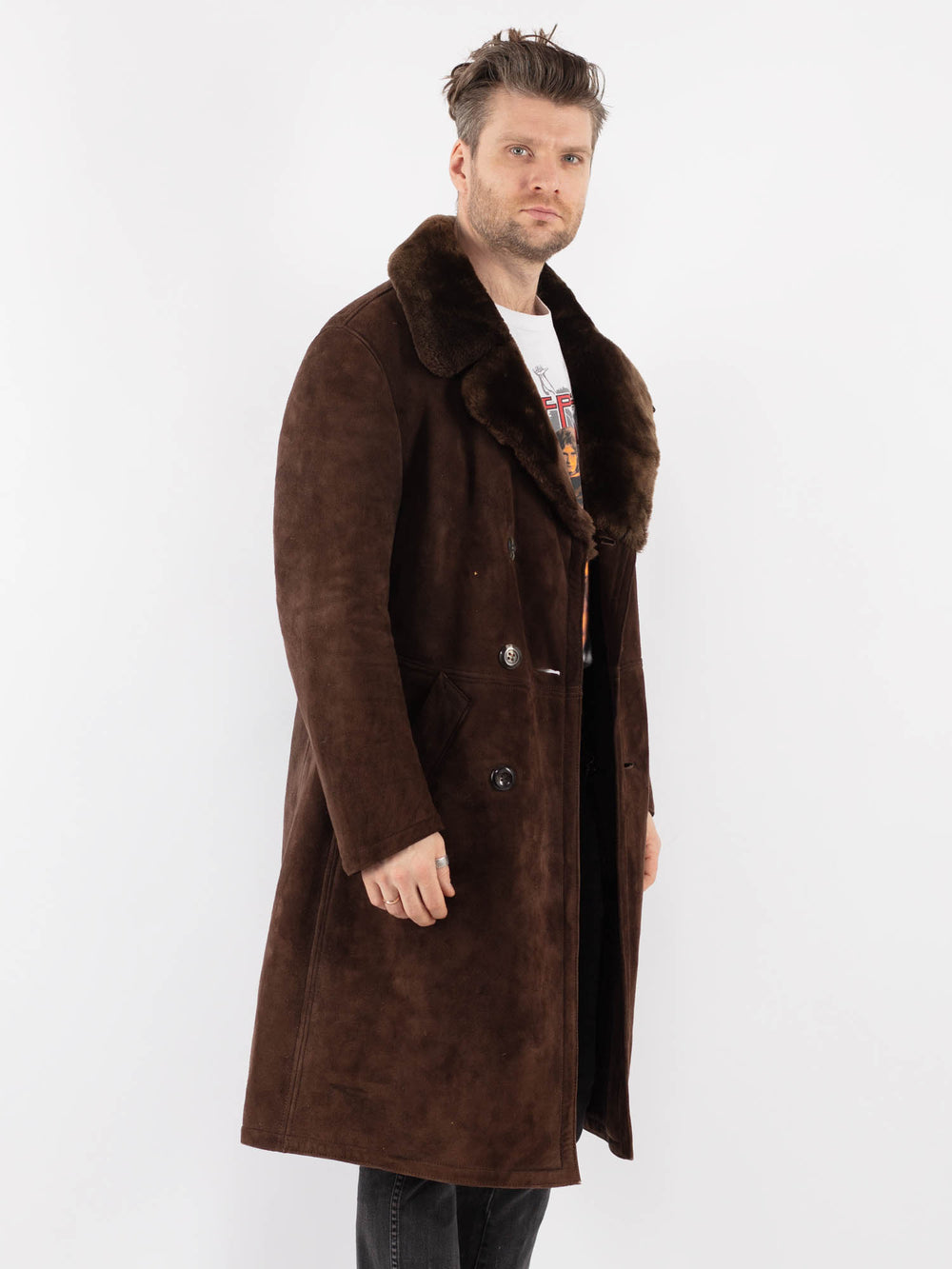 Vintage 70's Men Sheepskin Shearling Coat in Brown - NorthernGrip