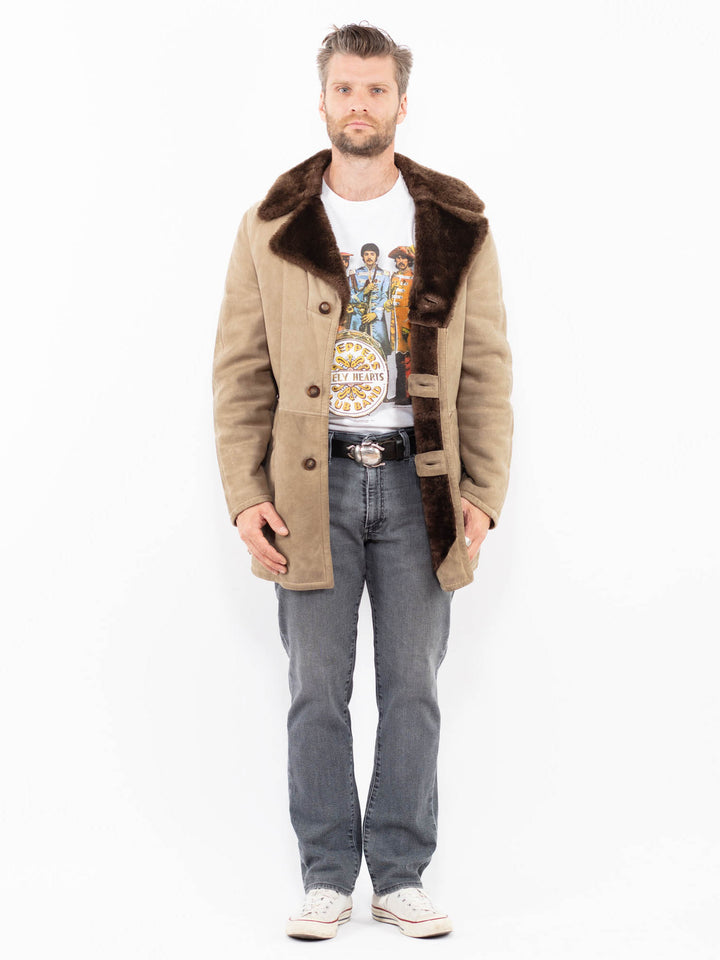 Vintage 70's Men Sheepskin Coat in Beige