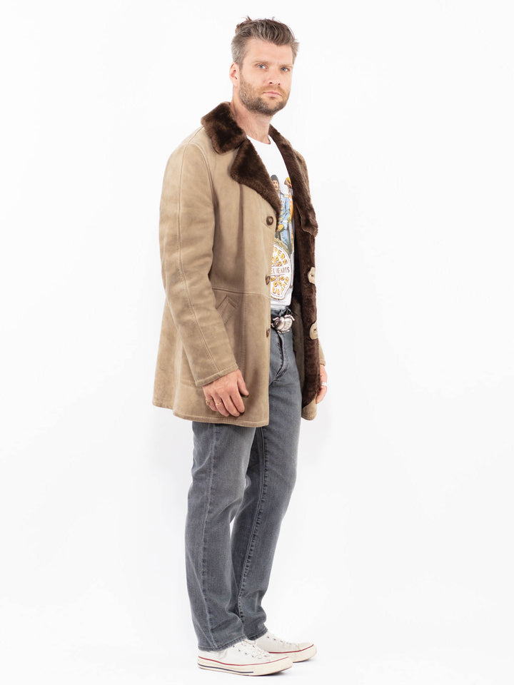 Vintage 70's Men Sheepskin Coat in Beige