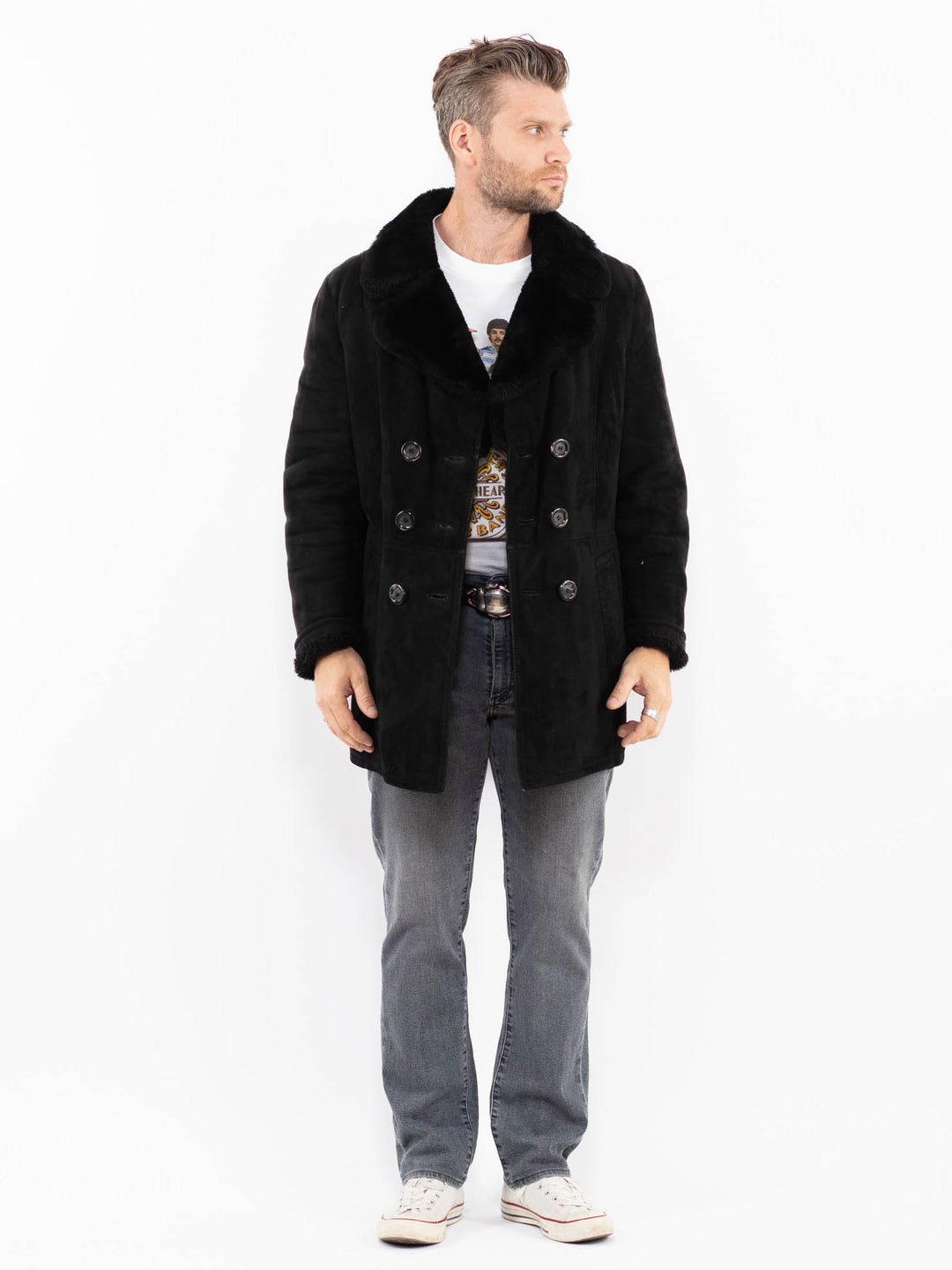 Vintage 70's Men Sheepskin Coat in BlackZ1912
