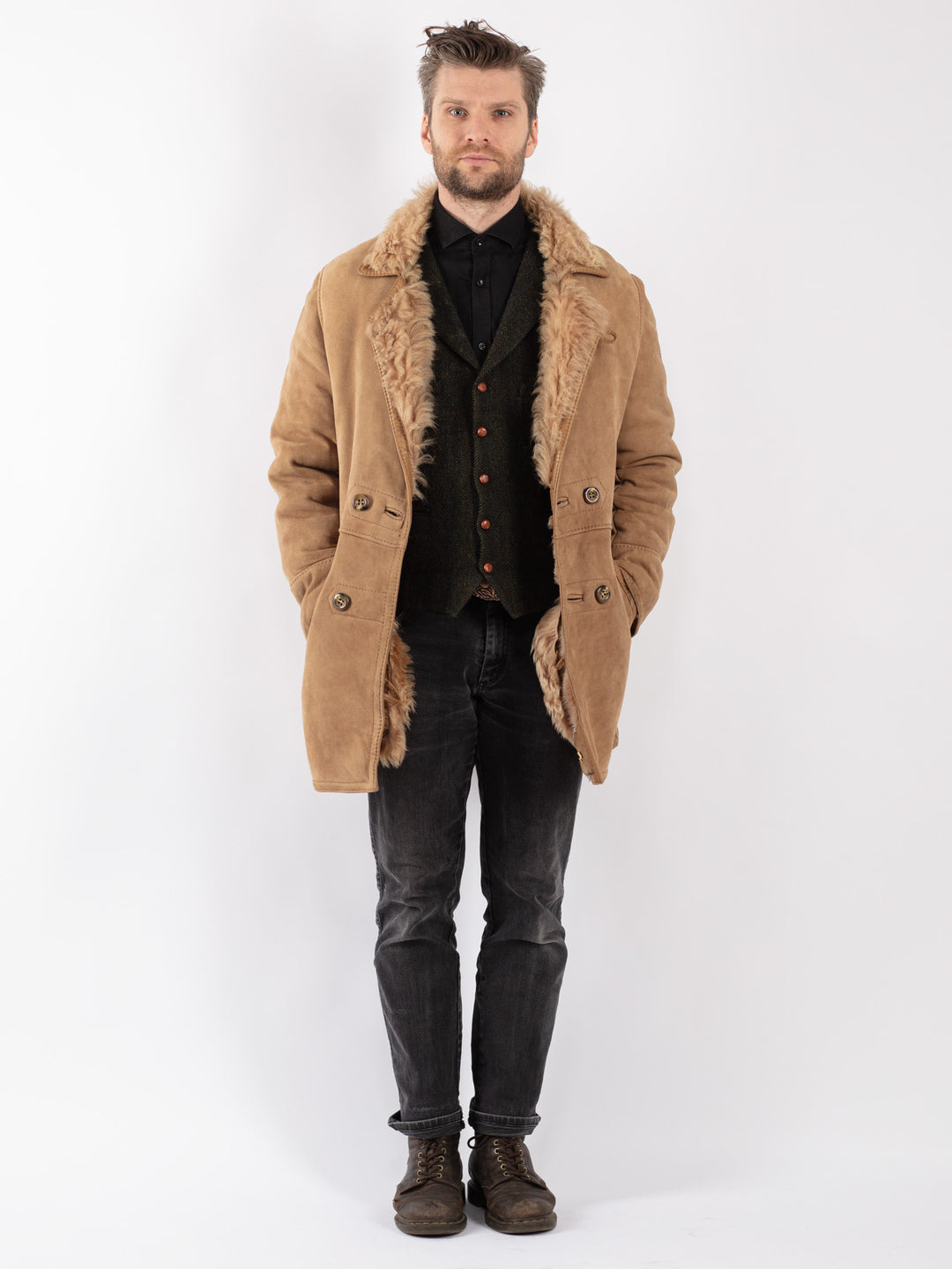 Vintage 70's Men Sheepskin Shearling Coat in Beige