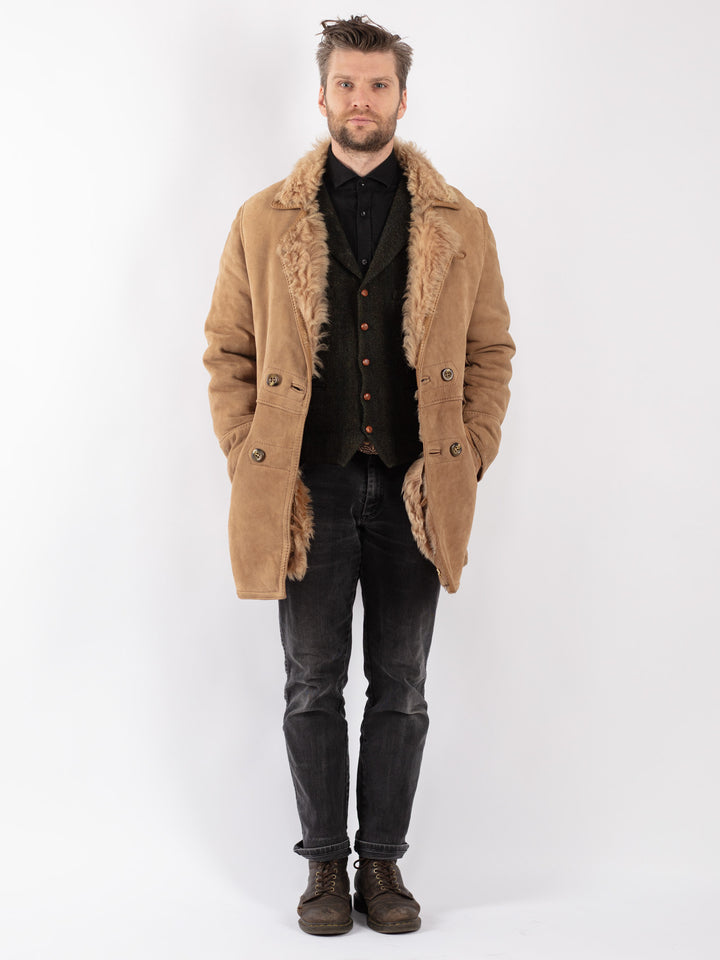 Vintage 70's Men Sheepskin Shearling Coat in Beige