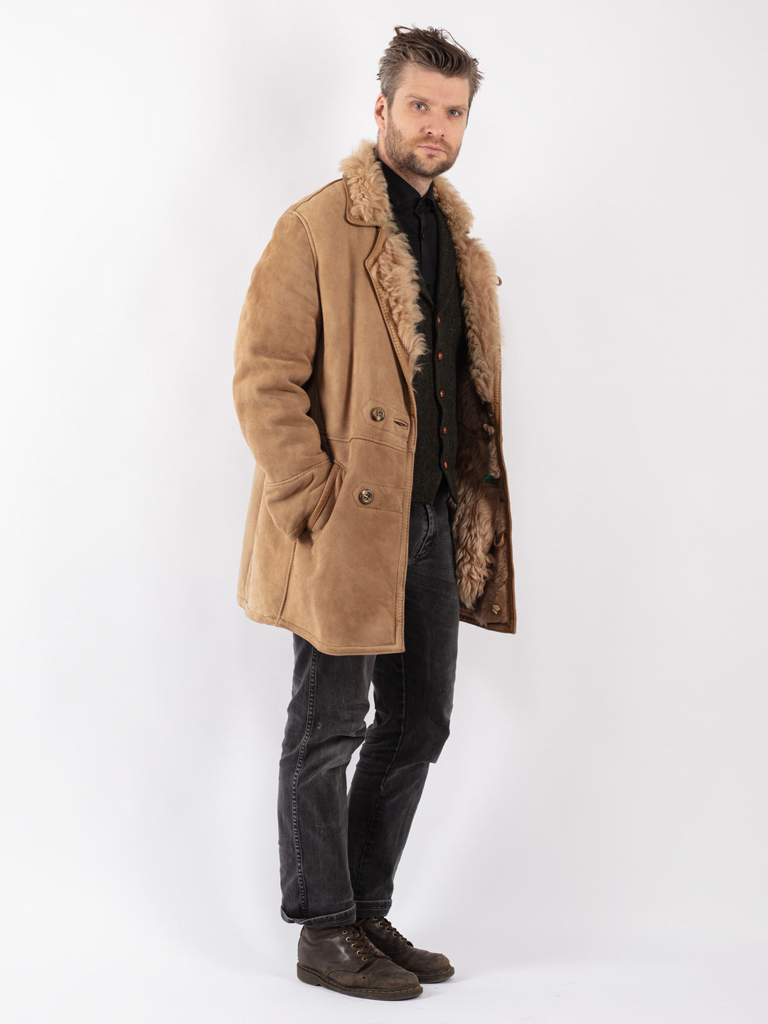 Vintage 70's Men Sheepskin Shearling Coat in Beige
