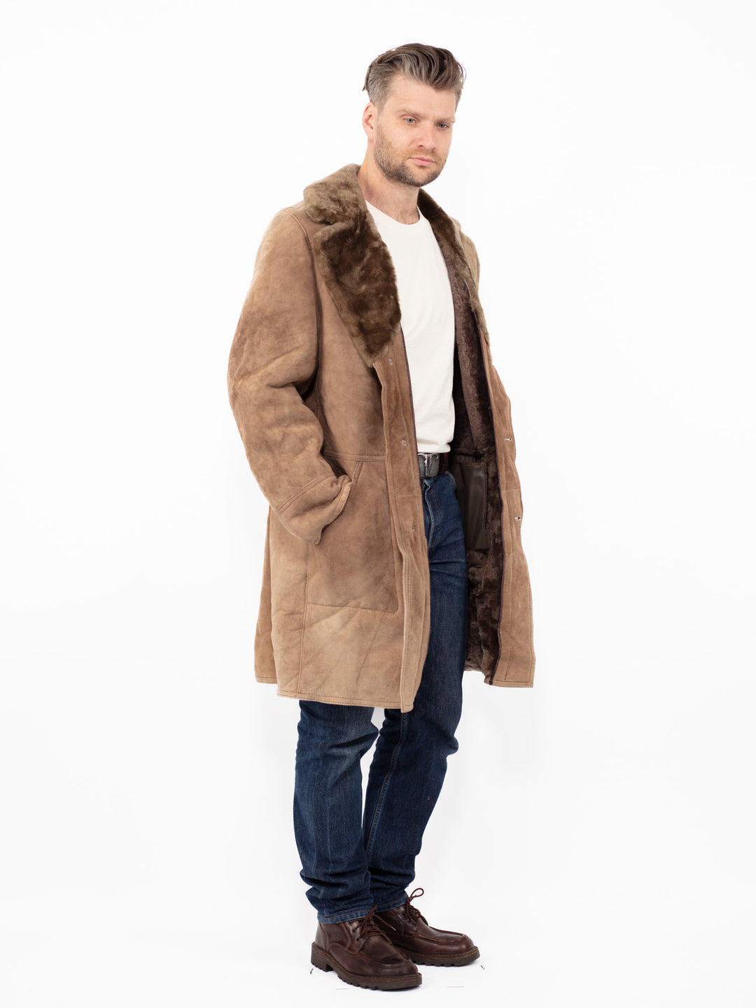 Vintage 70's Men Sheepskin Coat in Beige