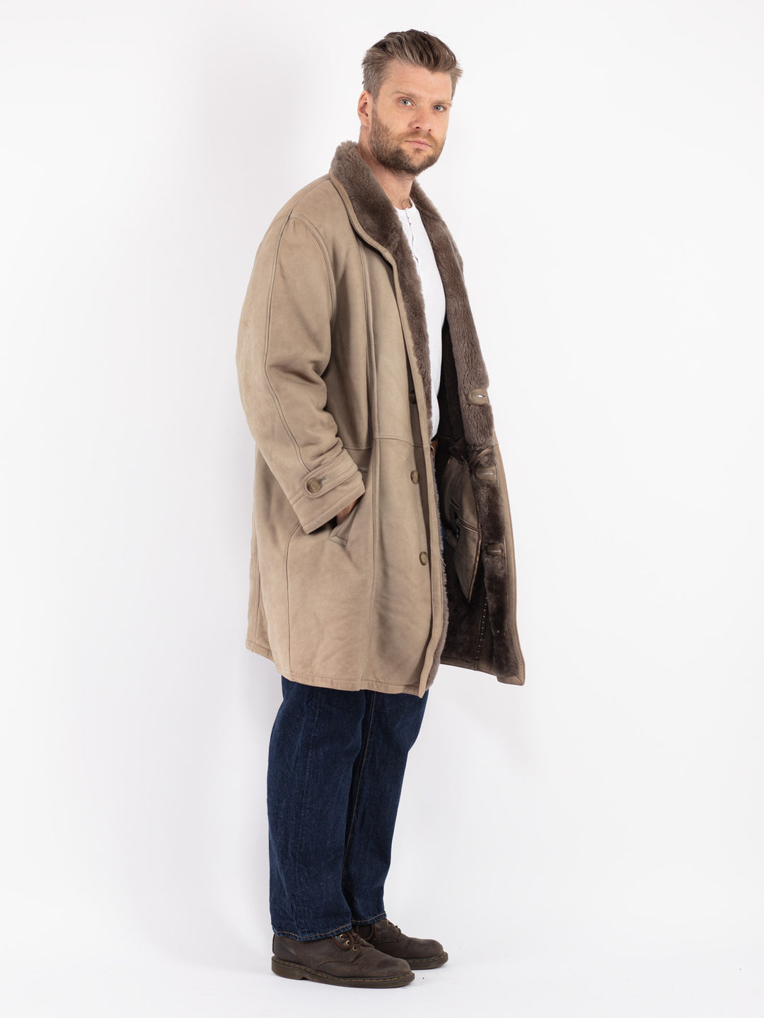 Vintage 70's Men Sheepskin Coat in Beige