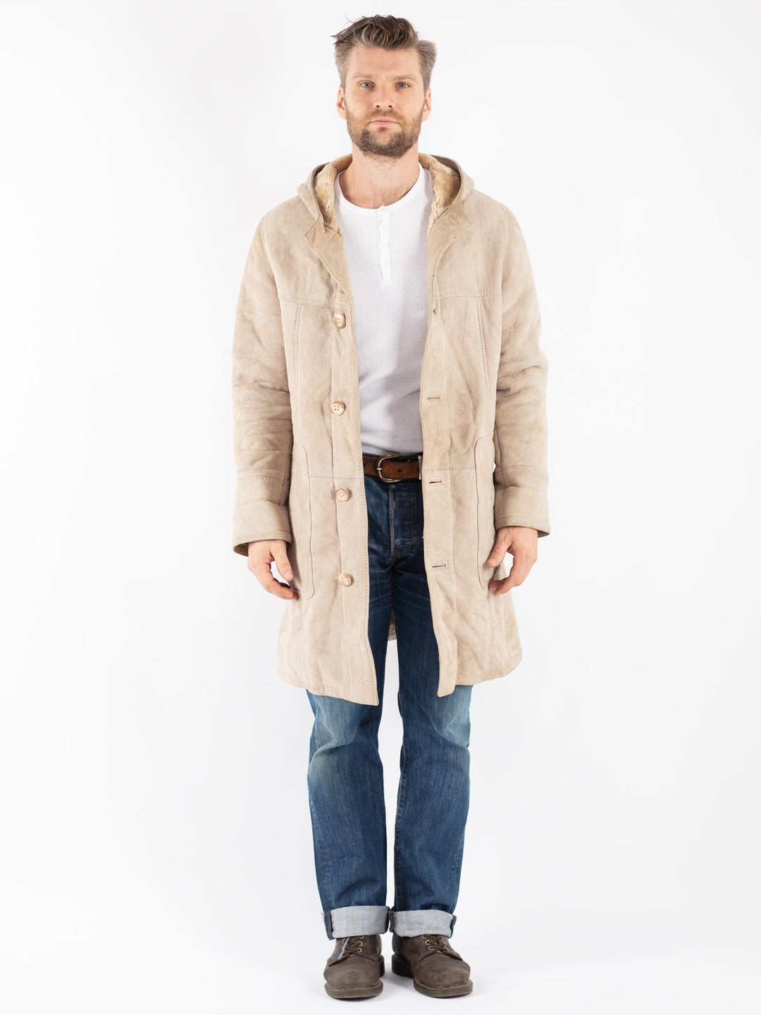 Vintage 70's Men Sheepskin Coat in Beige